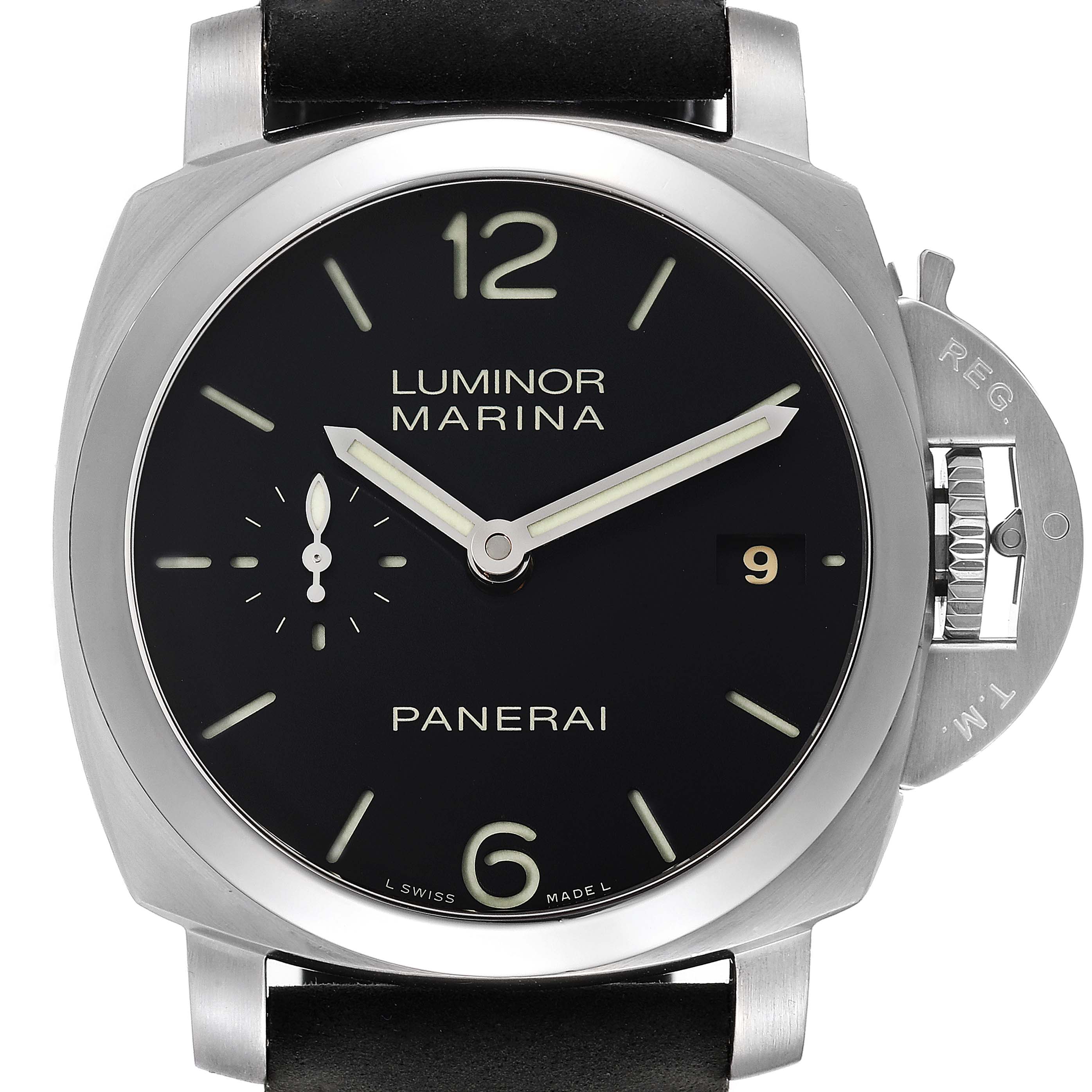 The image shows a front view of a Panerai Luminor PAM00392 Men's Stainless Steel Black Dial PAM00392 Men's Stainless Steel Black Dial Marina watch, highlighting its dial and distinctive crown guard.