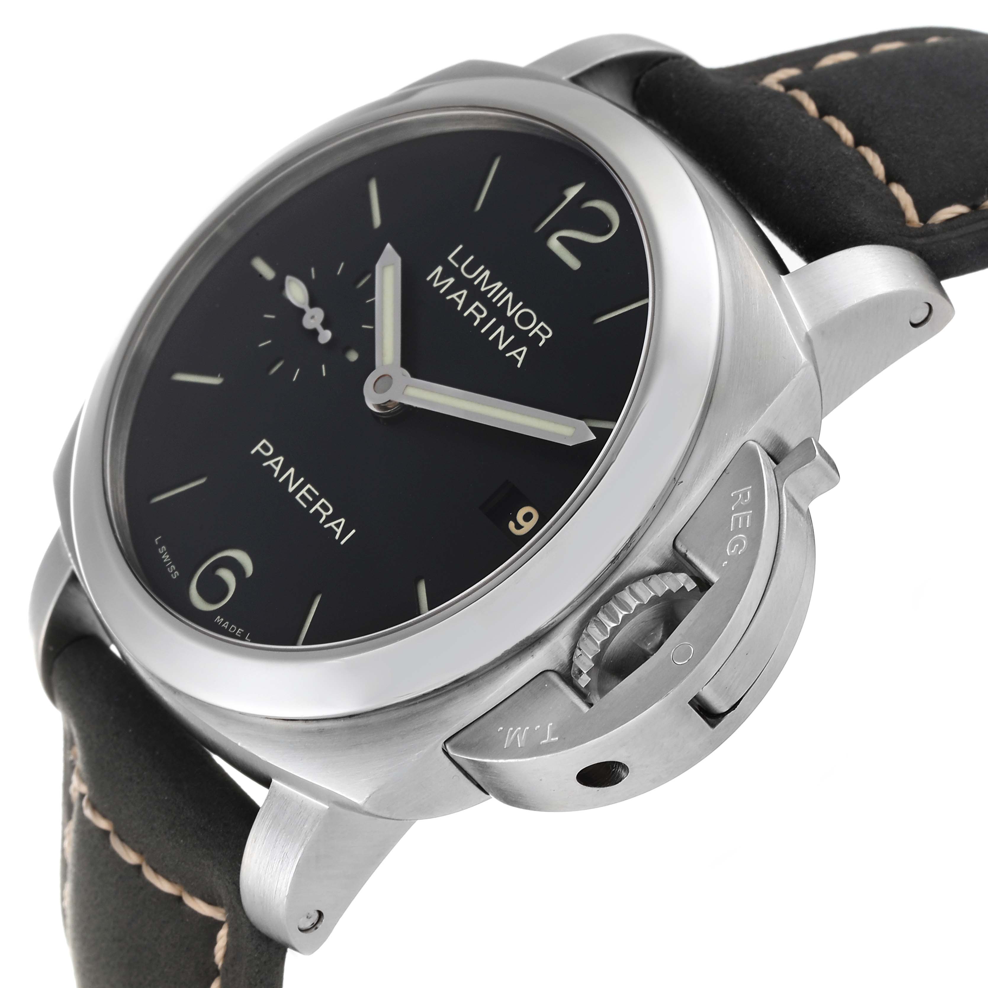 The image shows a close-up angle of the Panerai Luminor PAM00392 Men's Stainless Steel Black Dial PAM00392 Men's Stainless Steel Black Dial Marina watch, highlighting the face, hour markers, hands, crown, and crown guard.