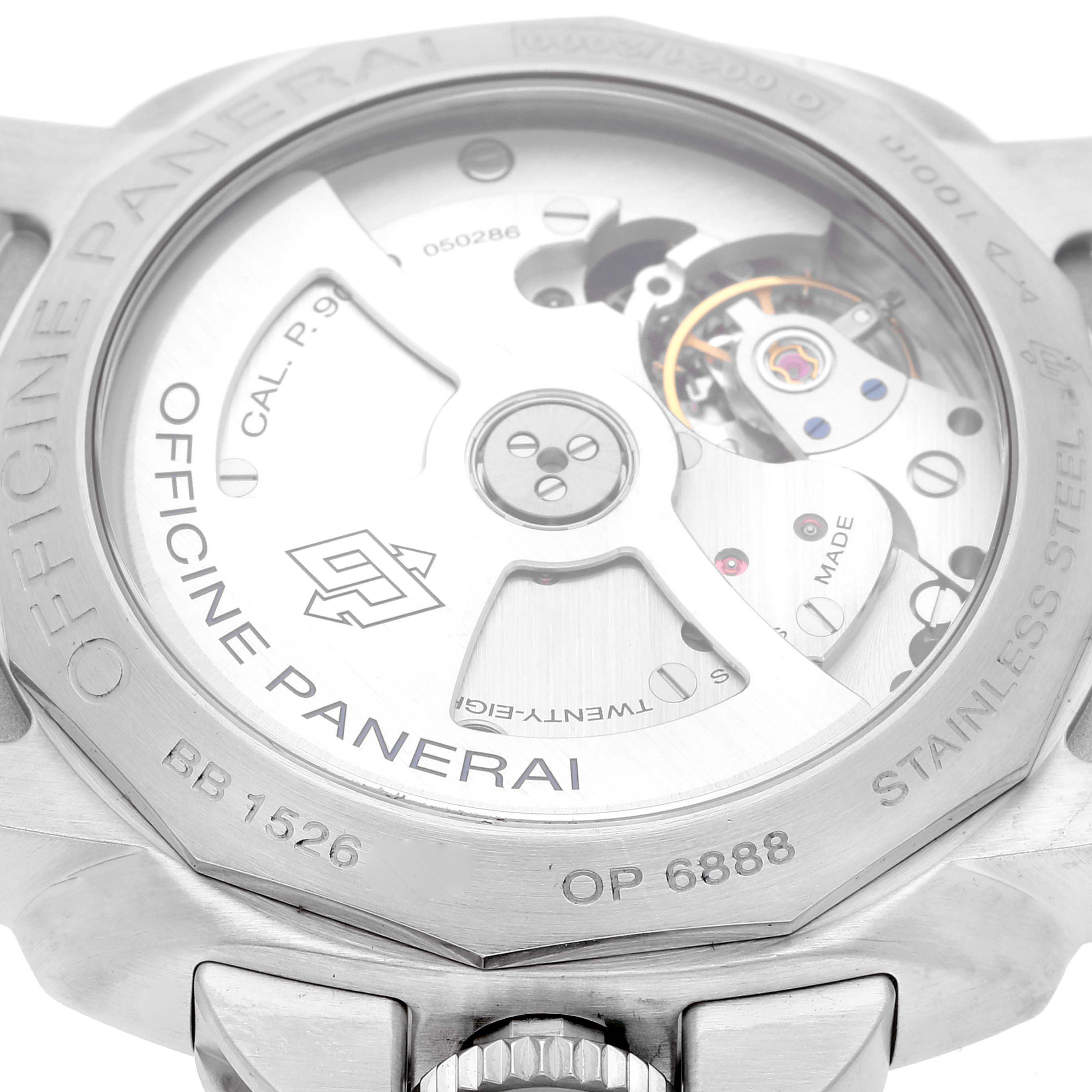 The image shows the back of a Panerai Luminor PAM00392 Men's Stainless Steel Black Dial PAM00392 Men's Stainless Steel Black Dial watch, highlighting its visible mechanical movement and engraved details.