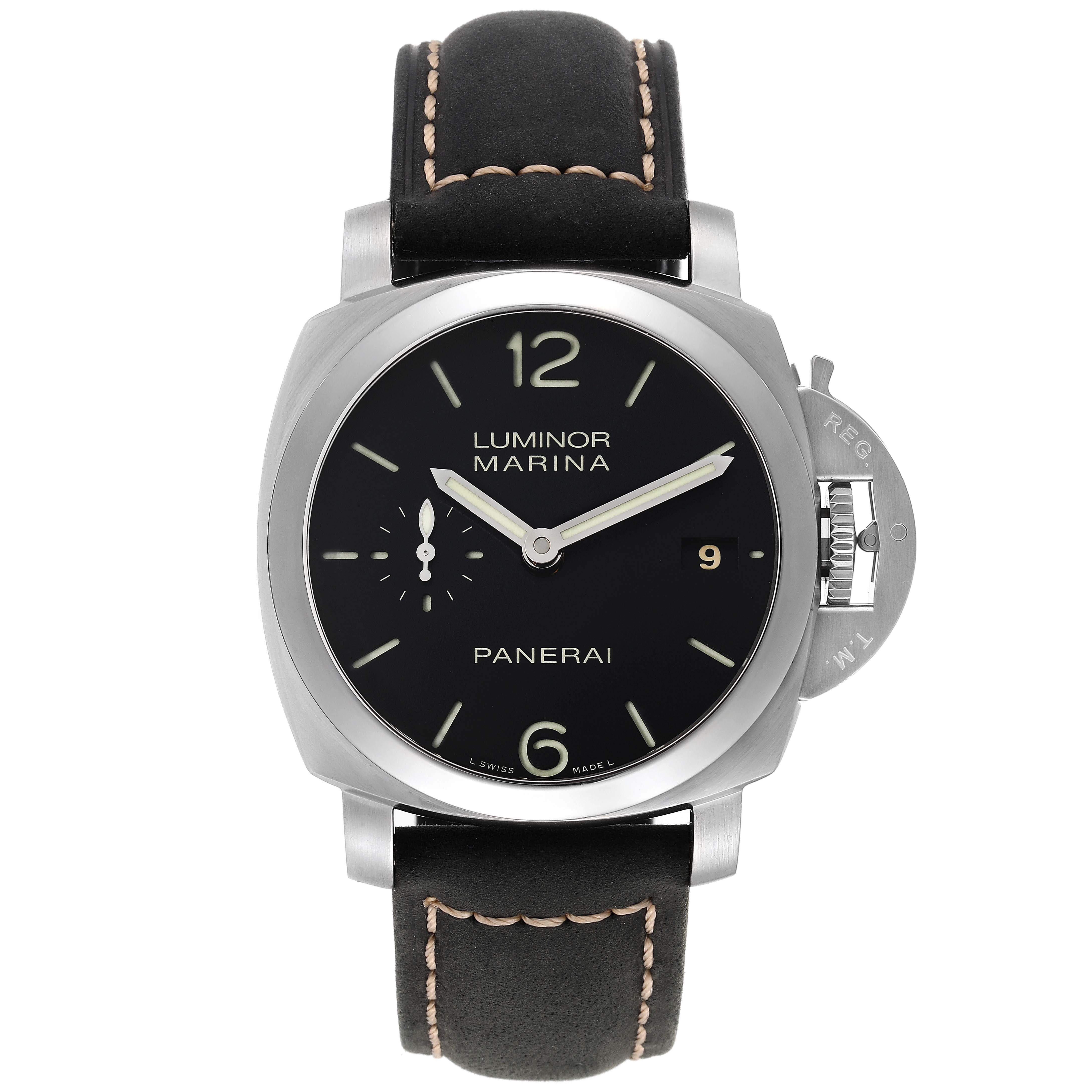 This image shows a front view of a Panerai Luminor PAM00392 Men's Stainless Steel Black Dial PAM00392 Men's Stainless Steel Black Dial Marina watch, featuring the dial, hands, crown guard, and strap.