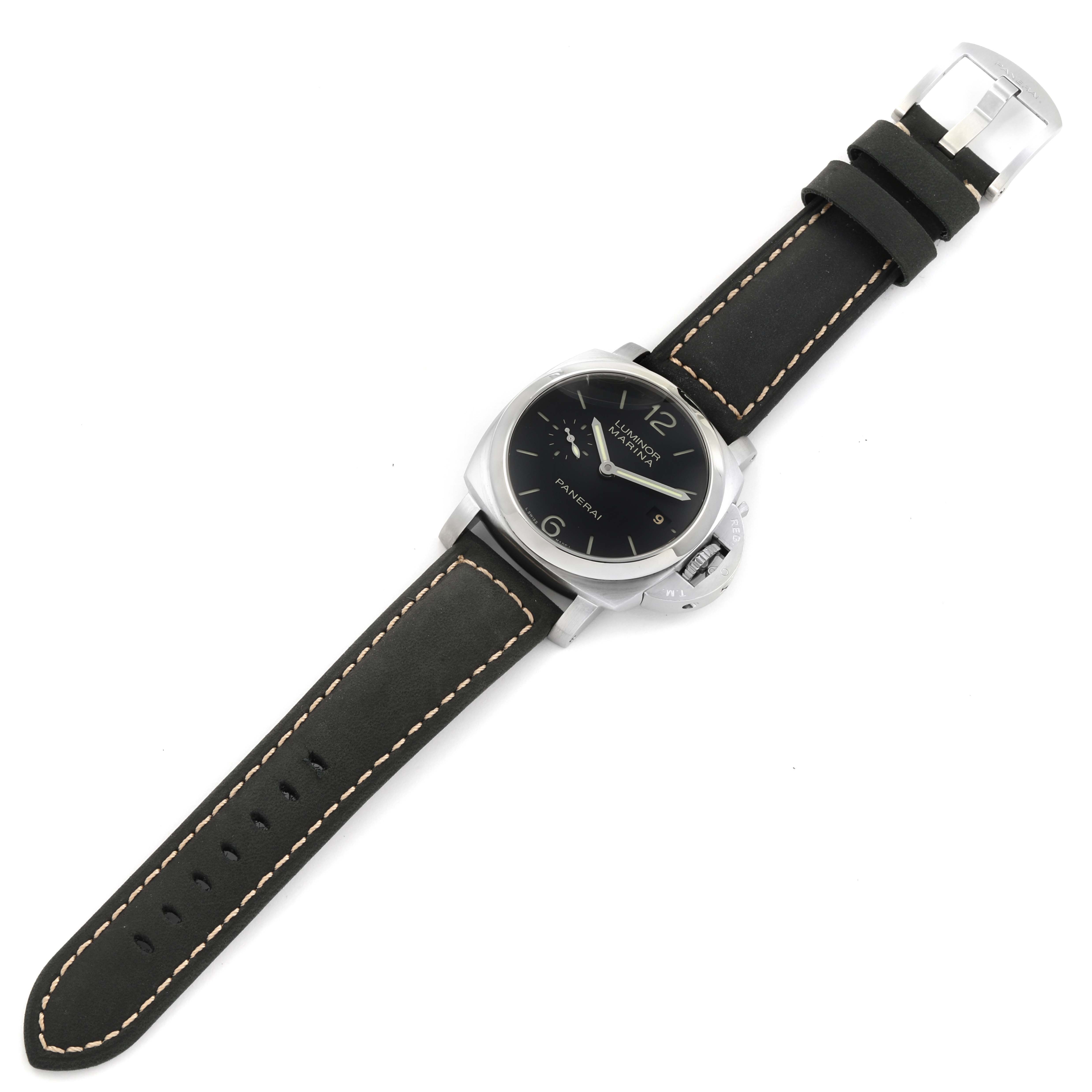 The Panerai Luminor PAM00392 Men's Stainless Steel Black Dial PAM00392 Men's Stainless Steel Black Dial watch is shown from a top-down angle, showcasing its face, casing, bezel, crown protector, and leather strap.