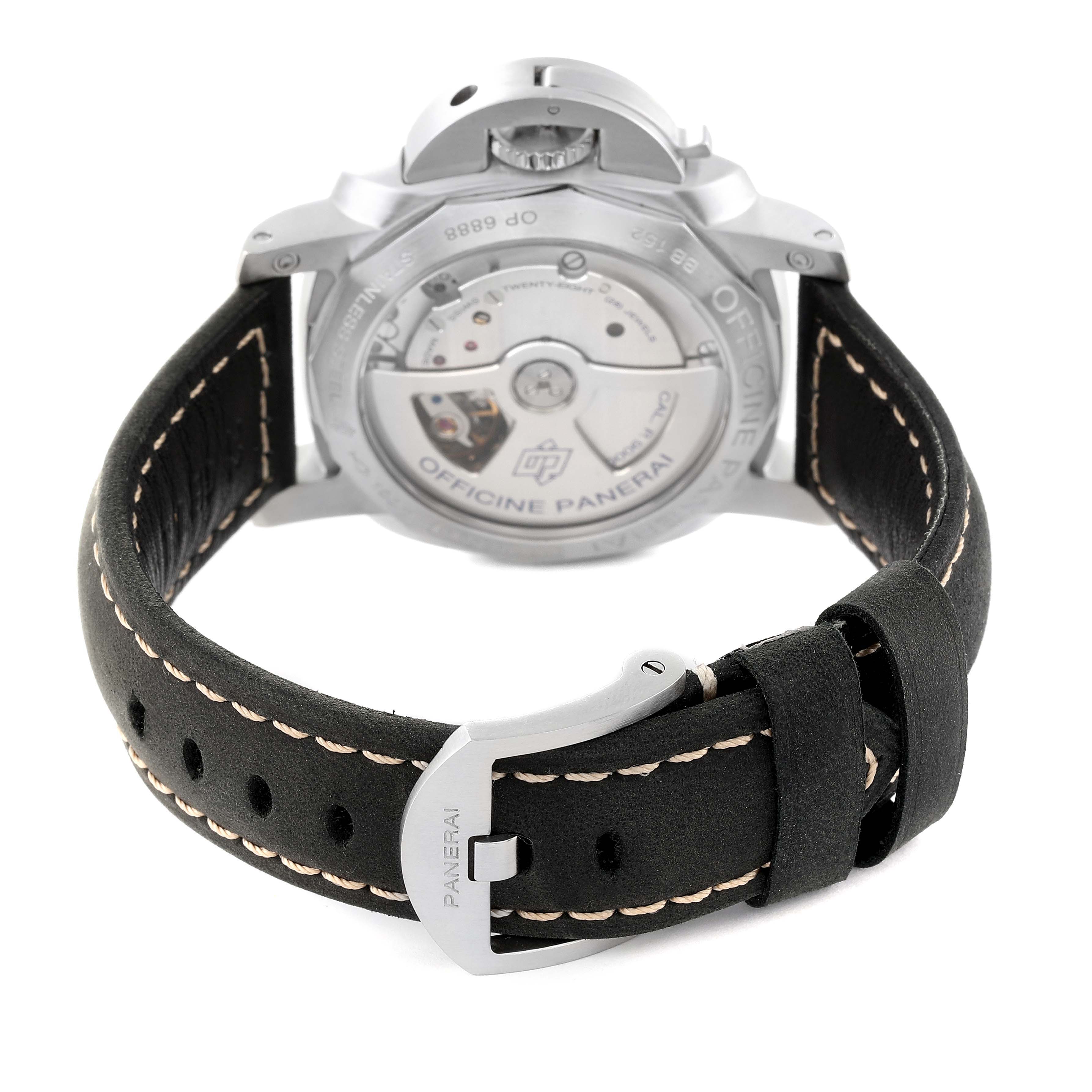 The image shows the back of a Panerai Luminor PAM00392 Men's Stainless Steel Black Dial PAM00392 Men's Stainless Steel Black Dial watch, highlighting its movement, case back, and leather strap with buckle.