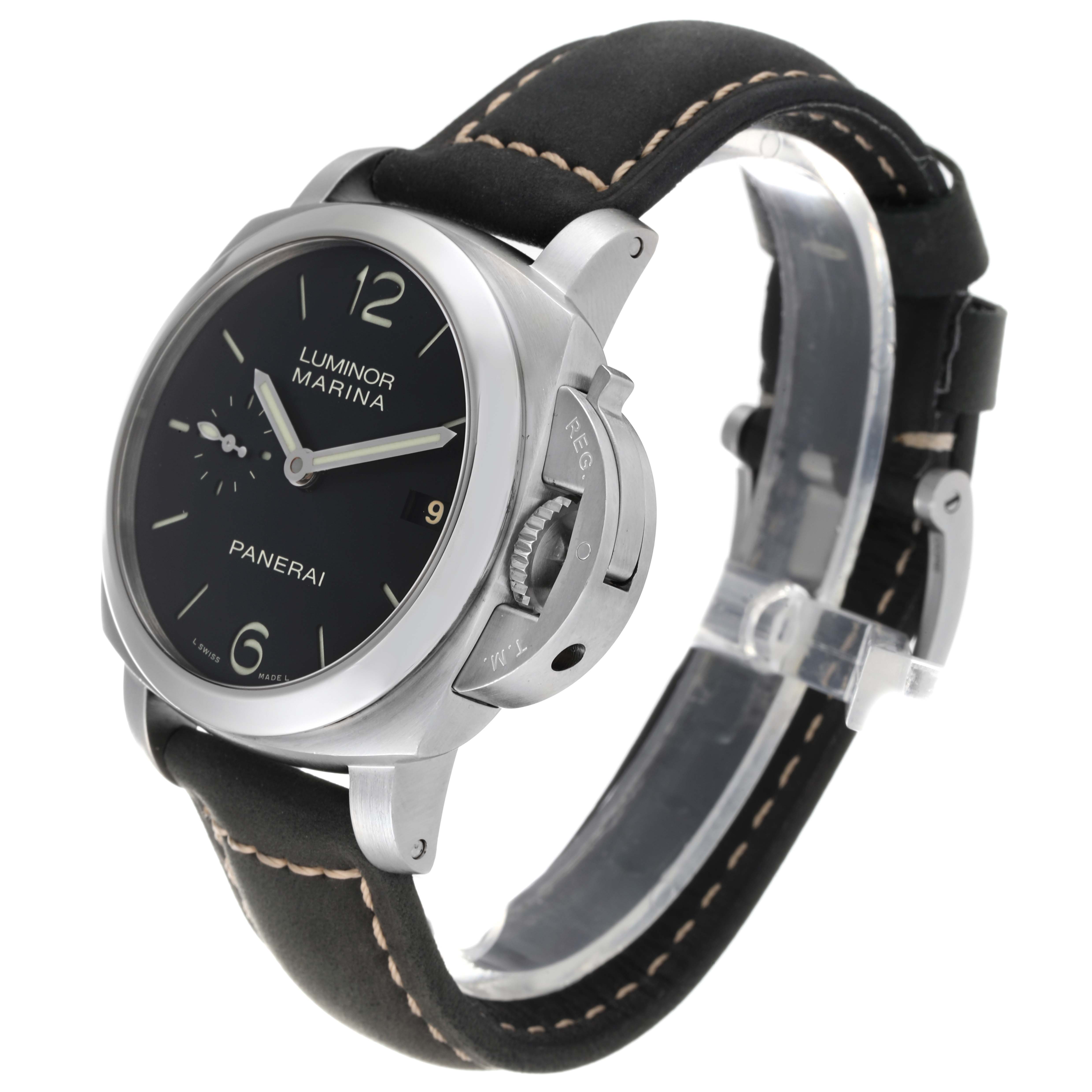 This image shows a Panerai Luminor PAM00392 Men's Stainless Steel Black Dial PAM00392 Men's Stainless Steel Black Dial Marina watch at a three-quarter front angle highlighting the dial, bezel, crown guard, and strap.