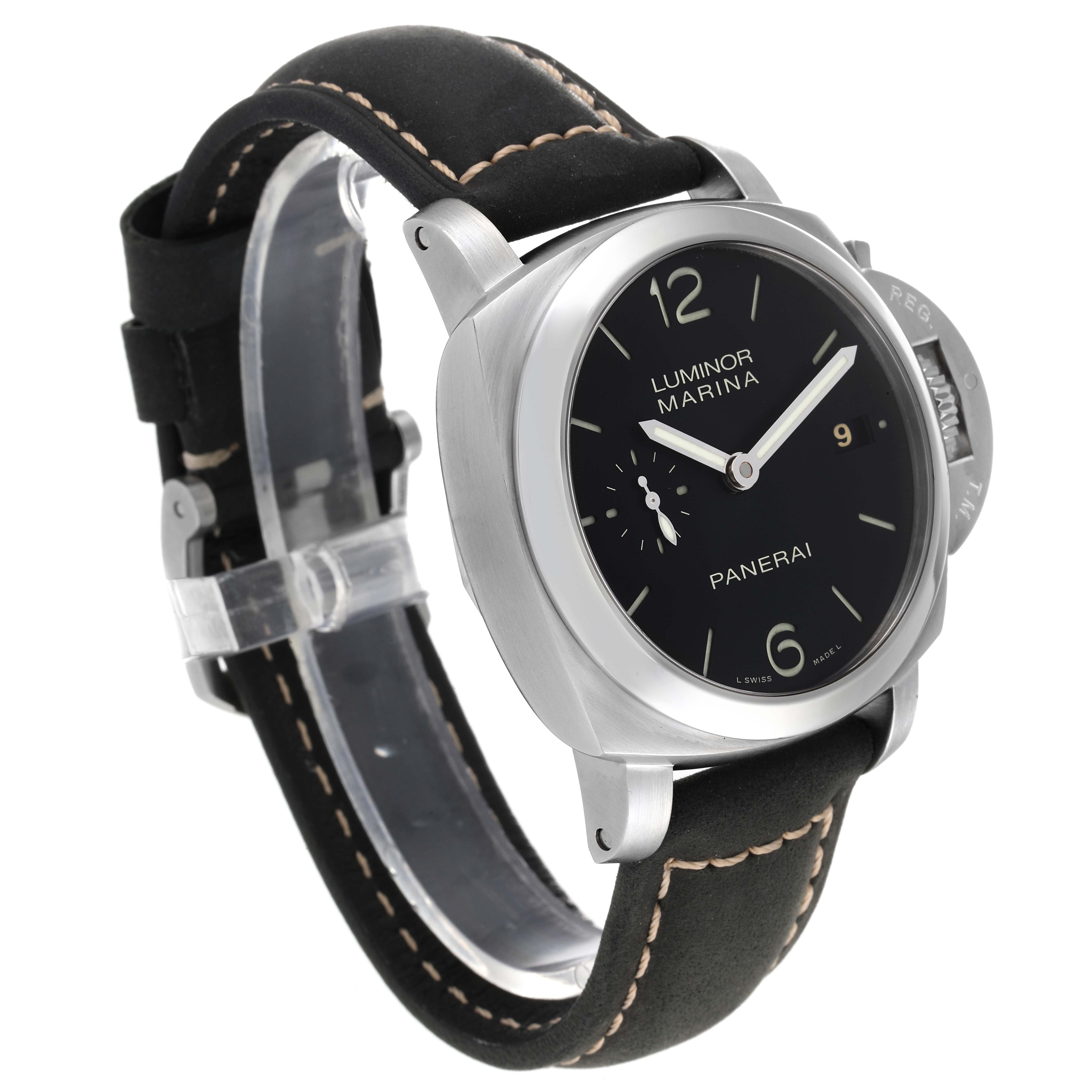 The image shows a side angle view of a Panerai Luminor PAM00392 Men's Stainless Steel Black Dial PAM00392 Men's Stainless Steel Black Dial Marina watch, highlighting the dial, case, and strap.