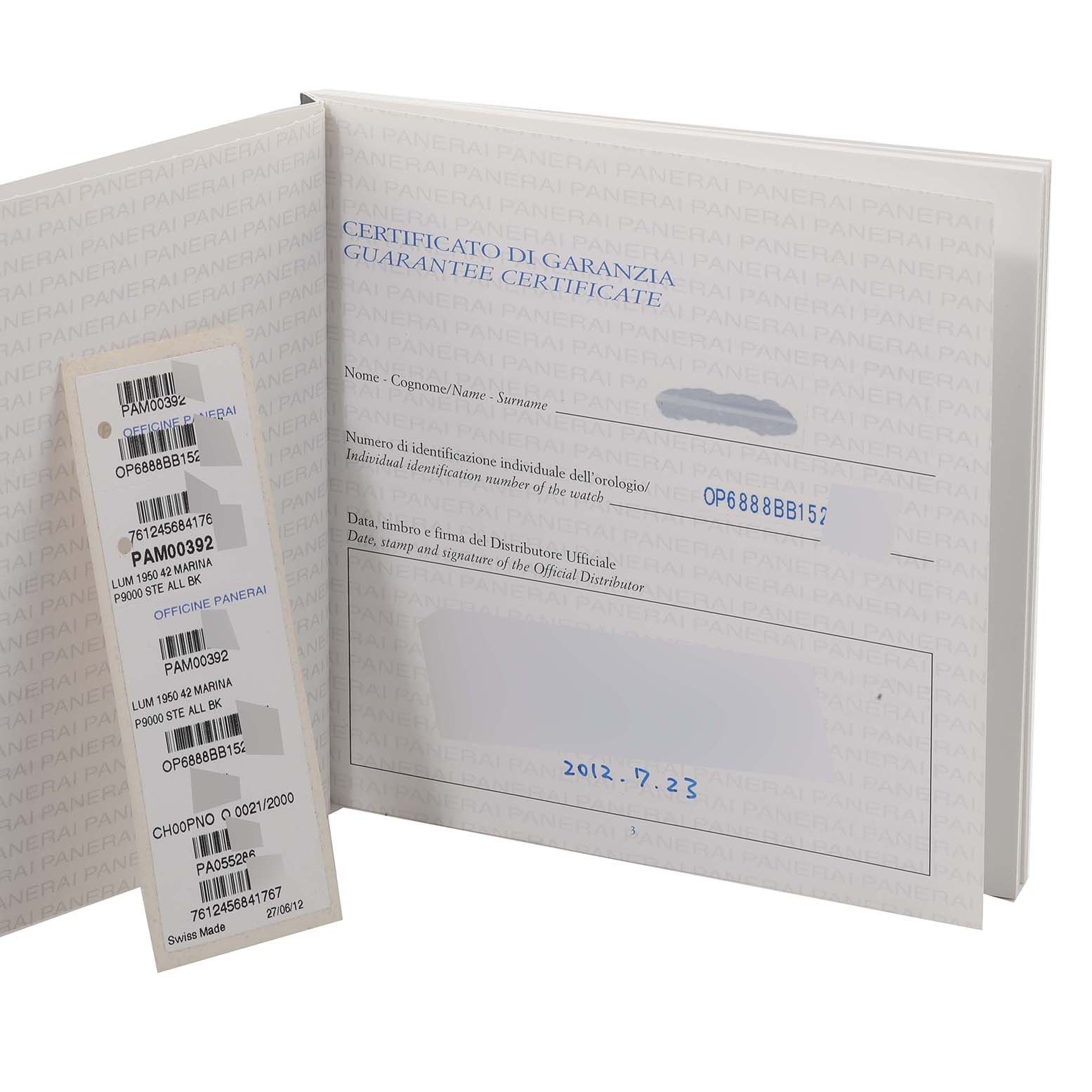 The image shows the guarantee certificate and barcode labels for a Panerai Luminor PAM00392 Men's Stainless Steel Black Dial PAM00392 Men's Stainless Steel Black Dial model watch.