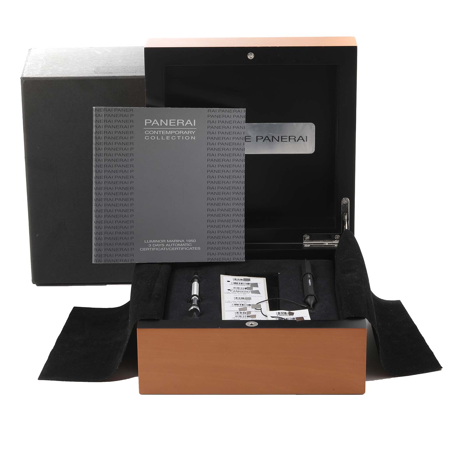 The image shows a Panerai Luminor PAM00392 Men's Stainless Steel Black Dial PAM00392 Men's Stainless Steel Black Dial watch box, including tools, documentation, and accessory slots, viewed from the front.