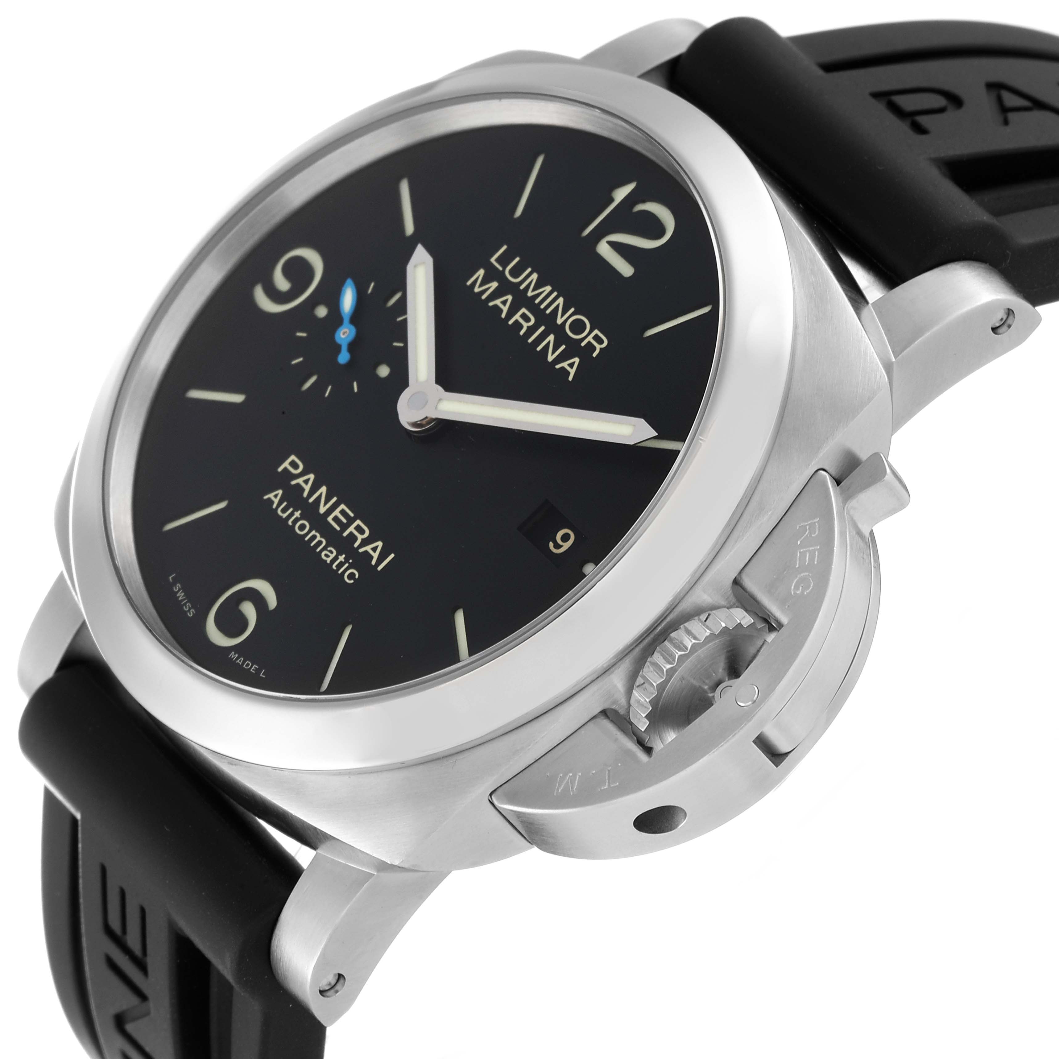 The image shows a side-angle view of the Panerai Luminor PAM01312 Men's Stainless Steel Black Dial PAM01312 Men's Stainless Steel Black Dial model watch, highlighting its dial, crown guard, and black rubber strap.