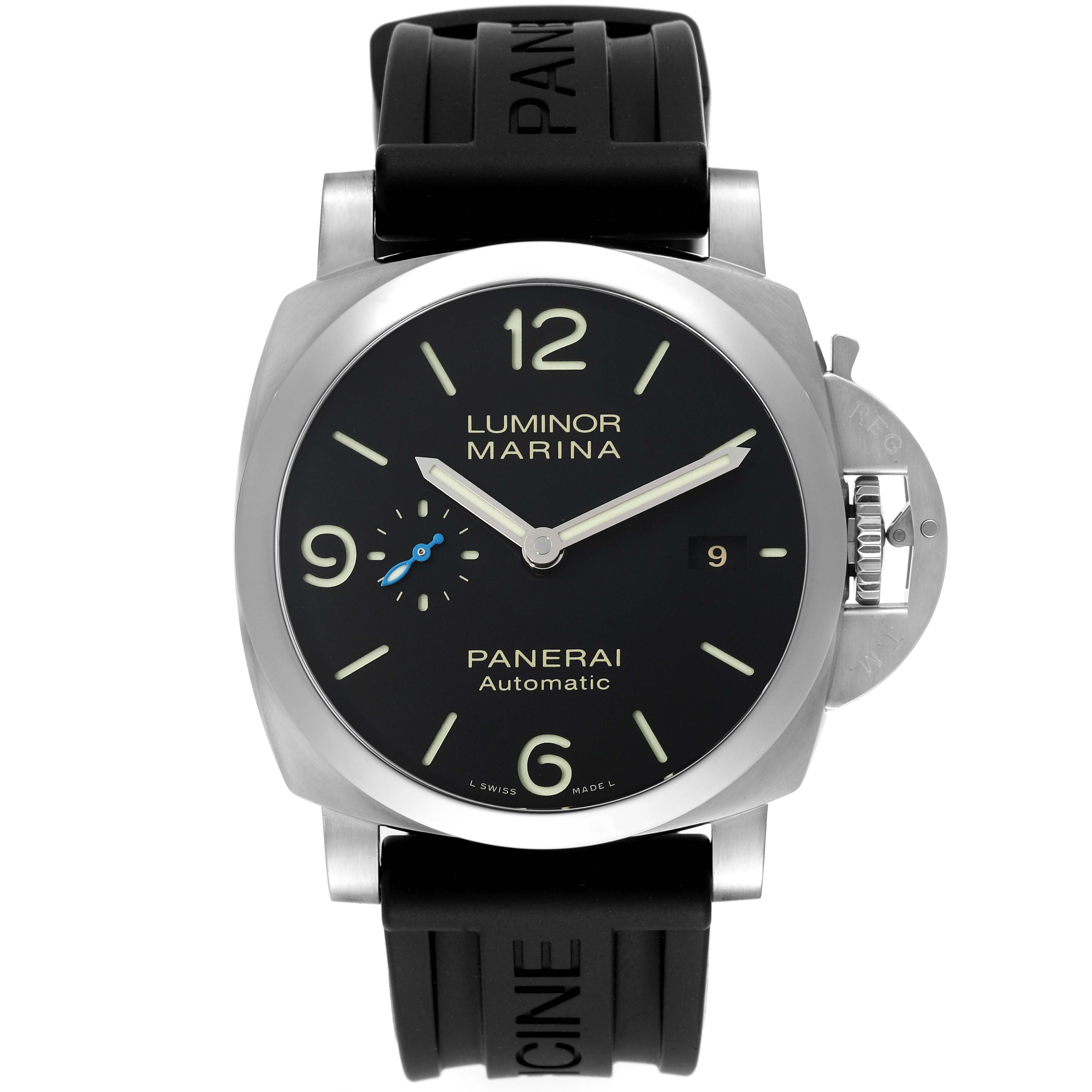 This image shows a front view of the Panerai Luminor PAM01312 Men's Stainless Steel Black Dial PAM01312 Men's Stainless Steel Black Dial Marina watch, highlighting its dial, case, and strap.
