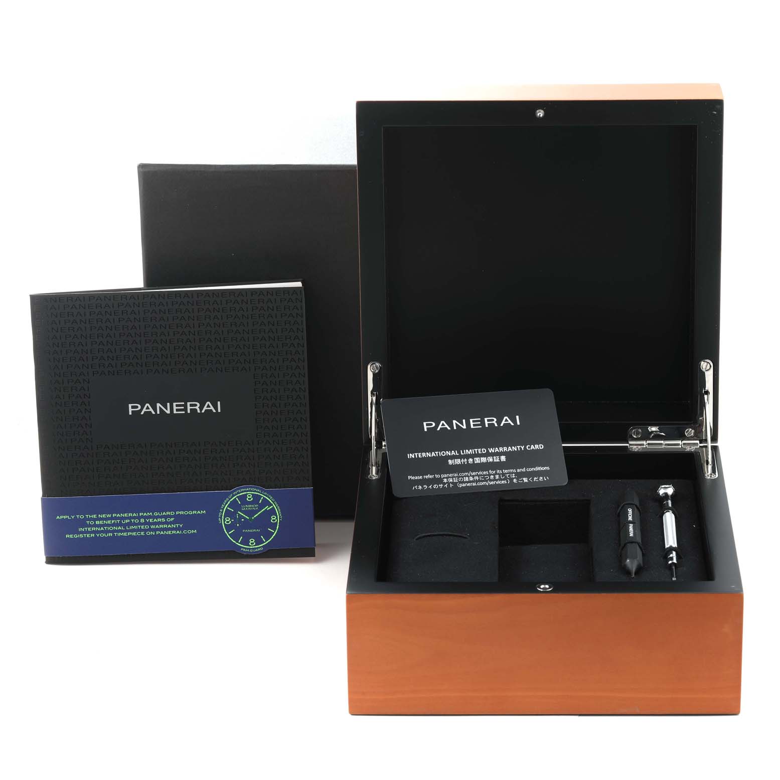This image shows the packaging, warranty card, and accessories of the Panerai Luminor PAM01312 Men's Stainless Steel Black Dial PAM01312 Men's Stainless Steel Black Dial watch.