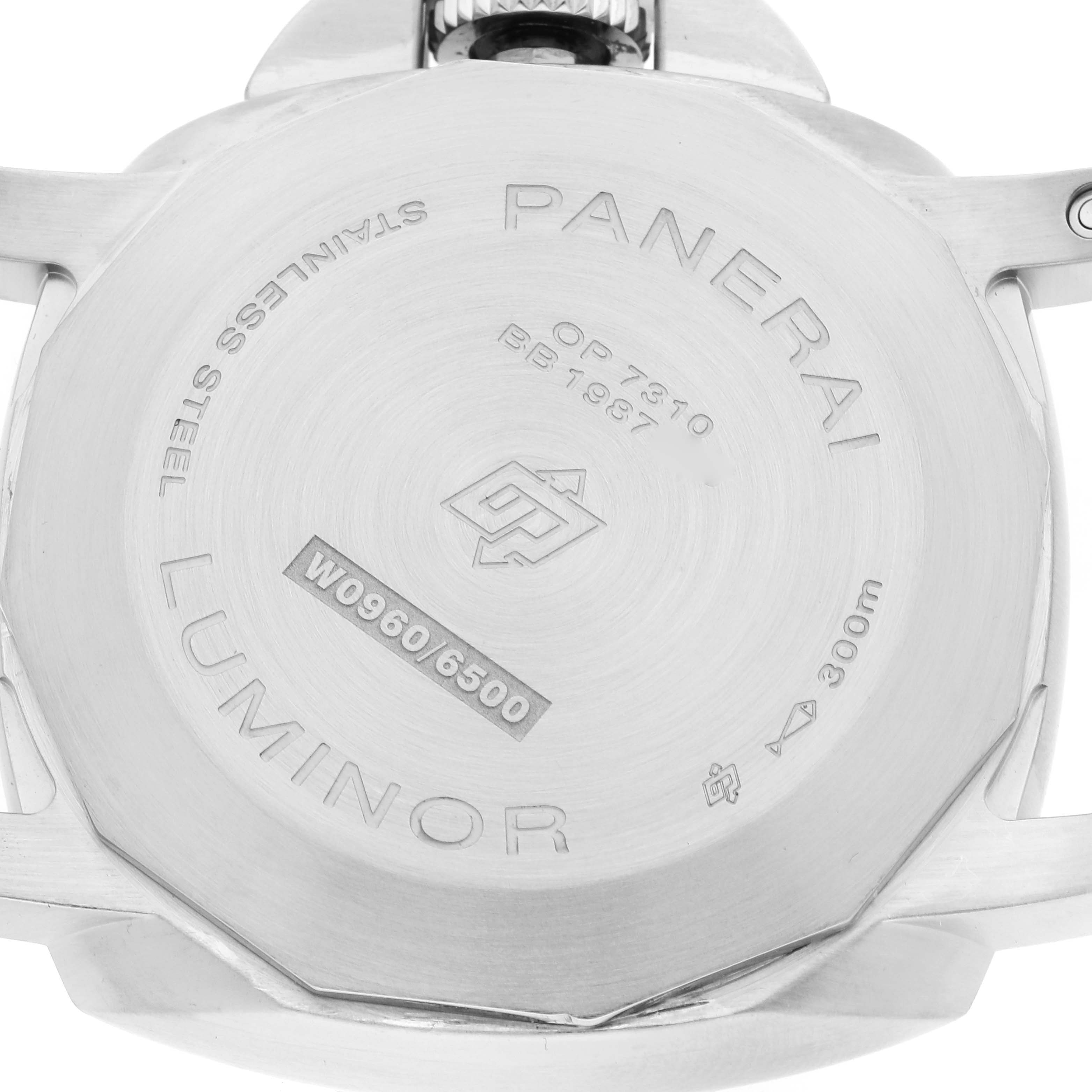 The image shows the back of a Panerai Luminor PAM01312 Men's Stainless Steel Black Dial PAM01312 Men's Stainless Steel Black Dial watch, highlighting its model engravings and stainless steel case.