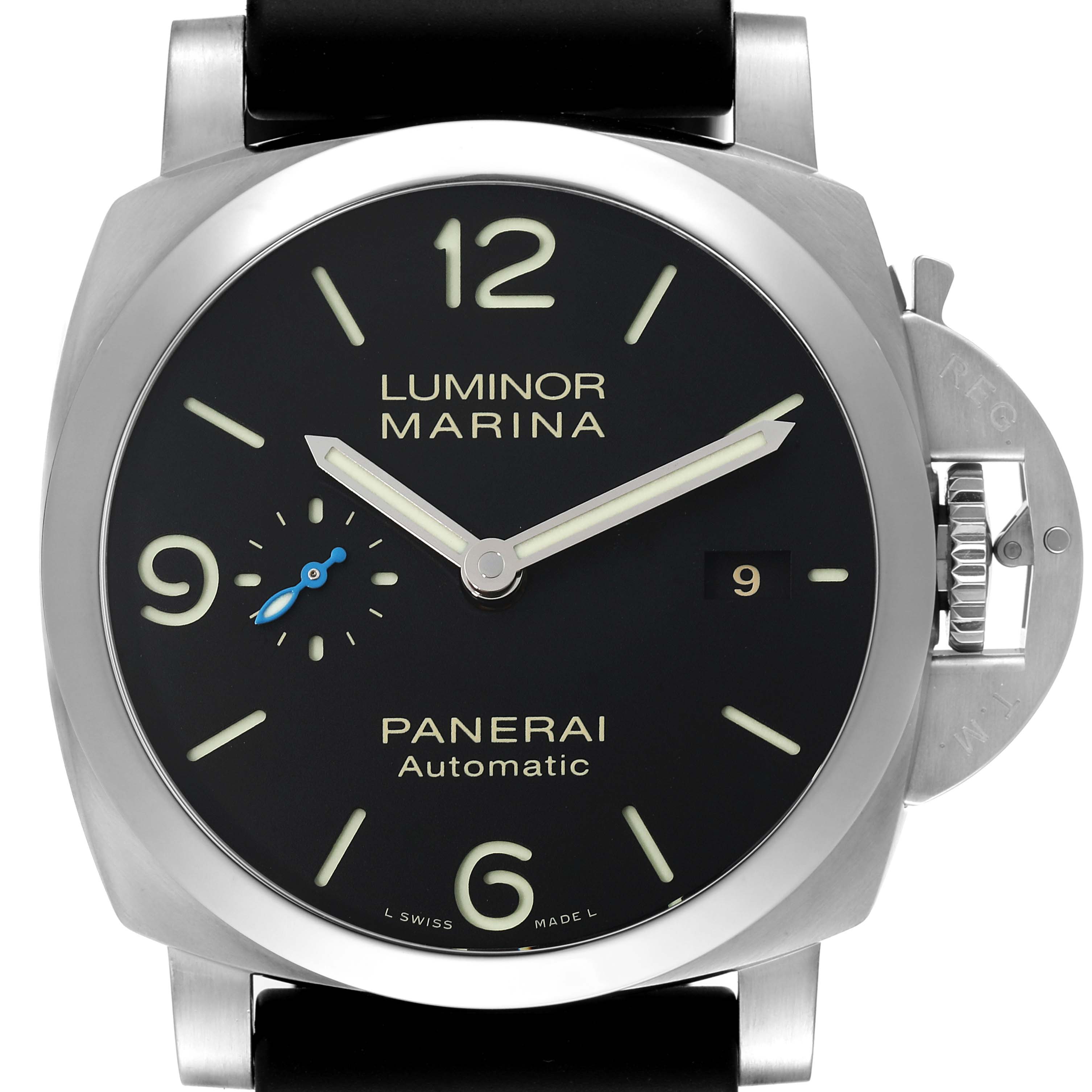 The image shows a front view of a Panerai Luminor PAM01312 Men's Stainless Steel Black Dial PAM01312 Men's Stainless Steel Black Dial Marina watch, displaying its dial, hands, crown, and crown guard.
