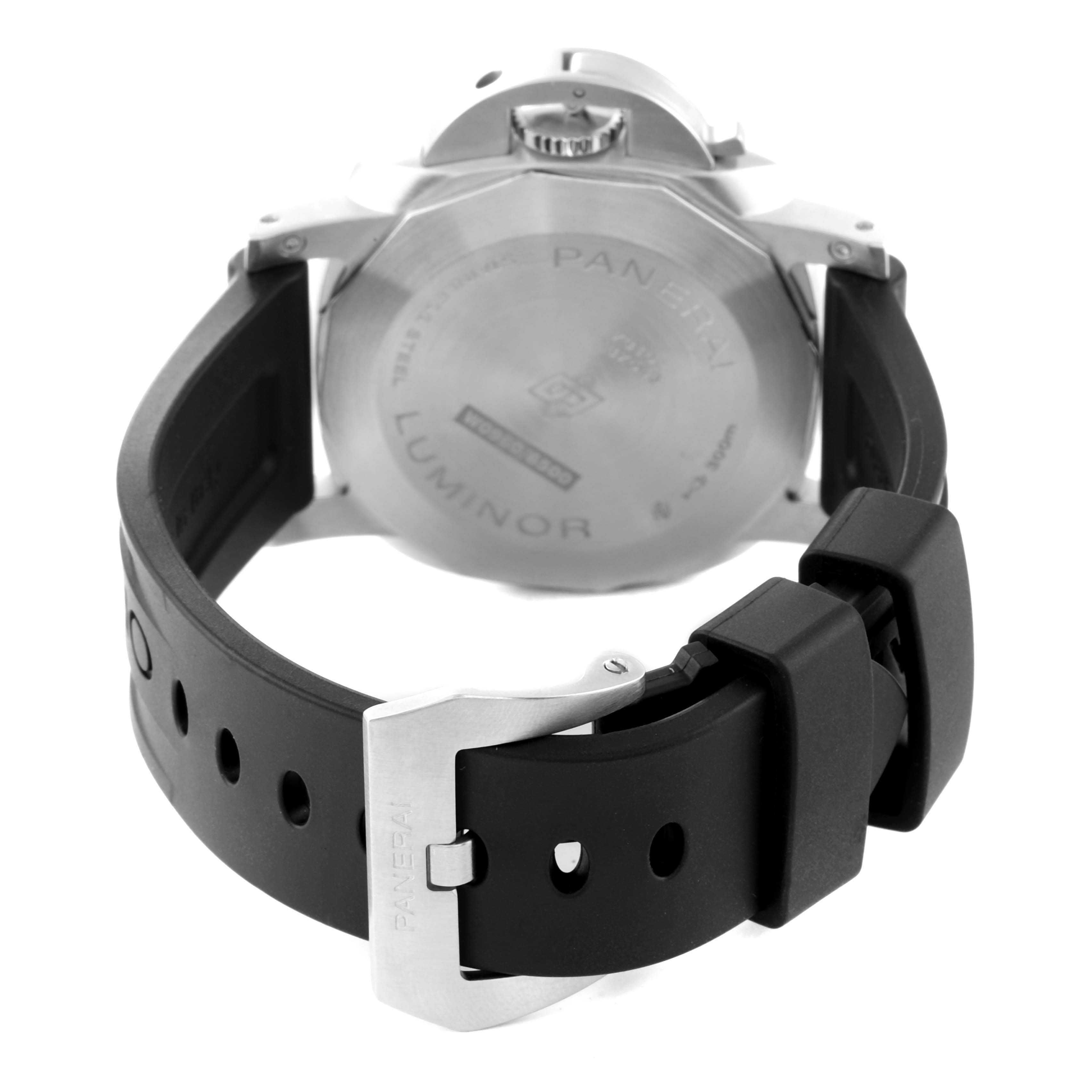 The image shows the back view of a Panerai Luminor PAM01312 Men's Stainless Steel Black Dial PAM01312 Men's Stainless Steel Black Dial watch, highlighting its case back and rubber strap with a buckle.