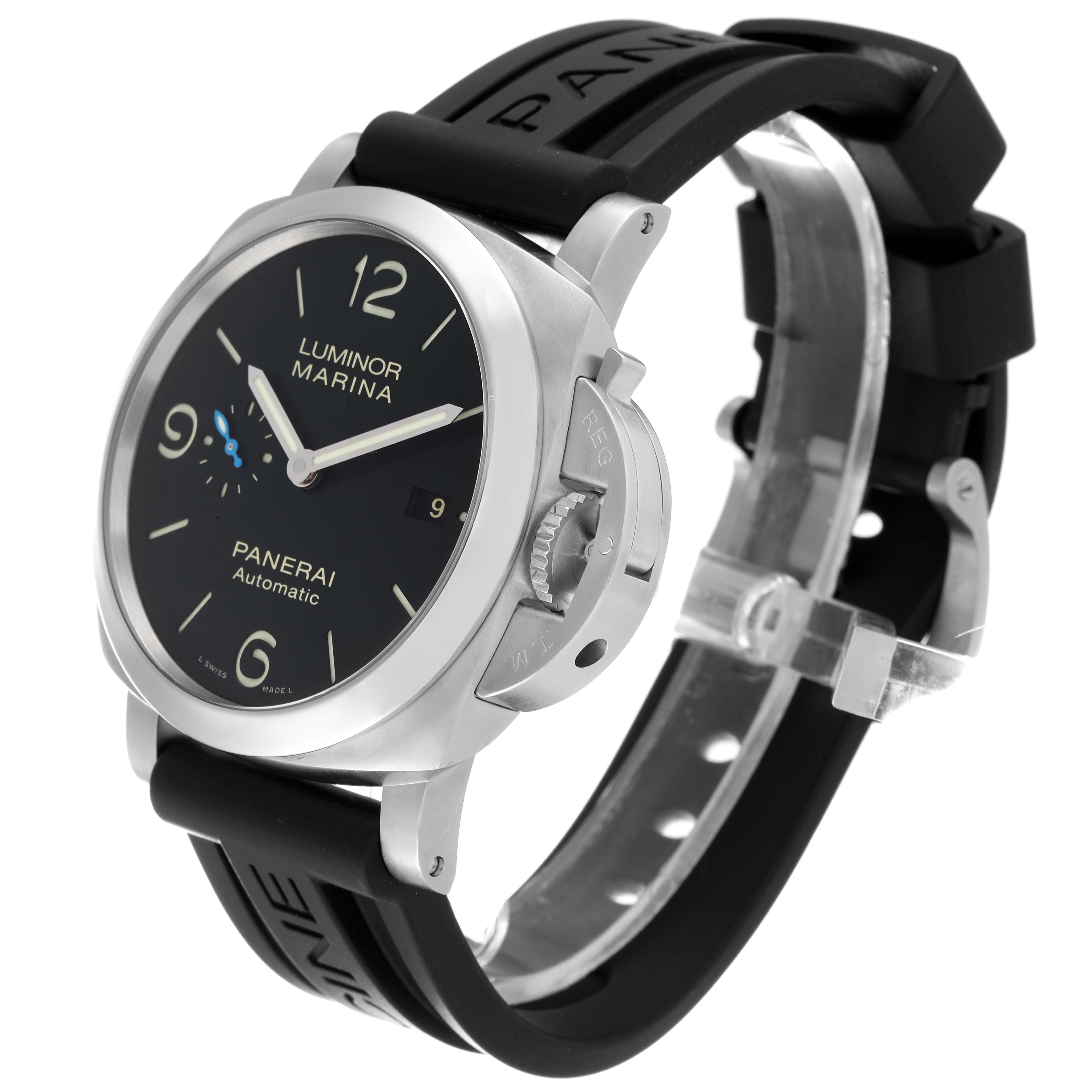 This image shows a side-angle view of a Panerai Luminor PAM01312 Men's Stainless Steel Black Dial PAM01312 Men's Stainless Steel Black Dial watch, displaying its face, case, and rubber strap.
