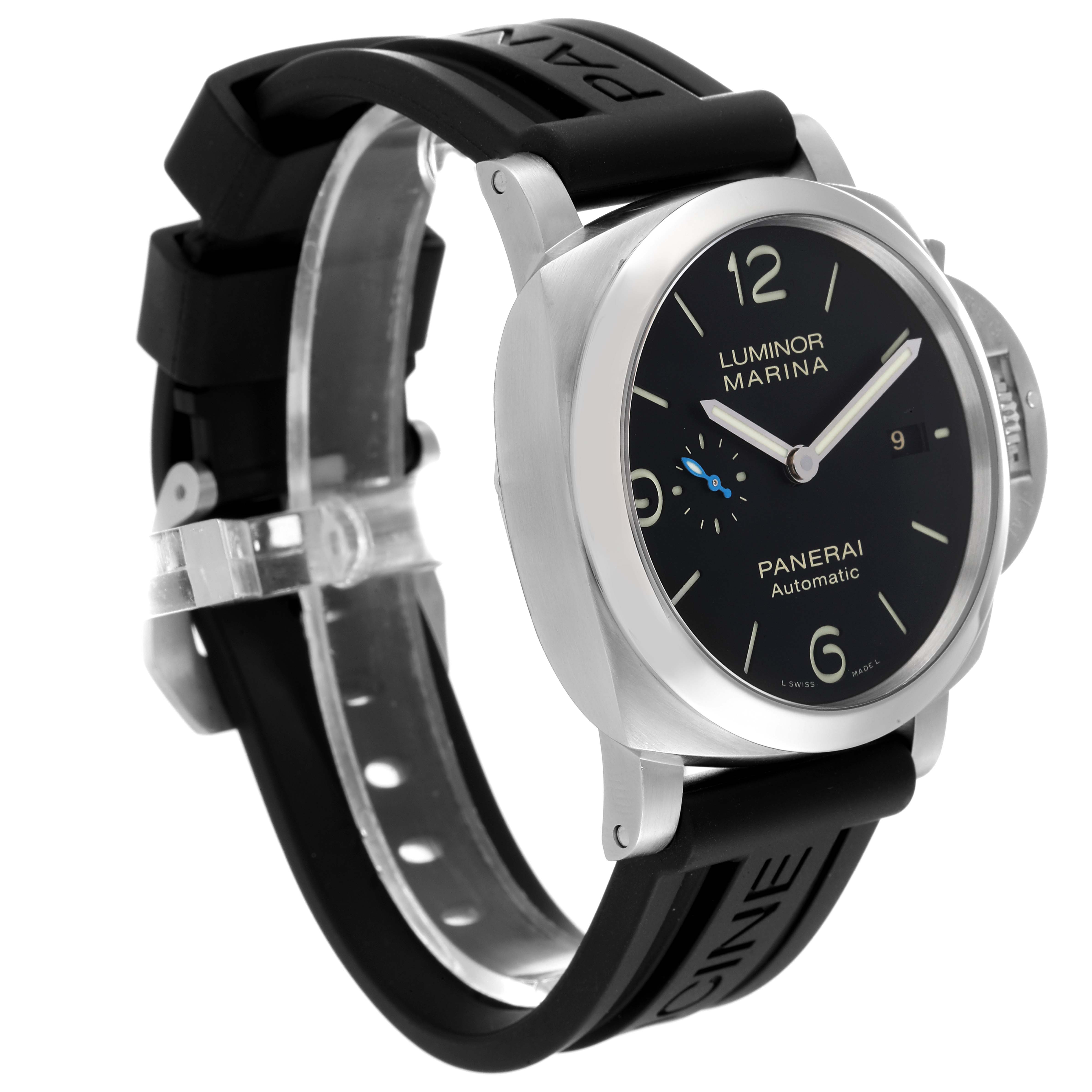 The image shows a side and front angle of a Panerai Luminor PAM01312 Men's Stainless Steel Black Dial PAM01312 Men's Stainless Steel Black Dial Marina watch with a black rubber strap and stainless steel case.