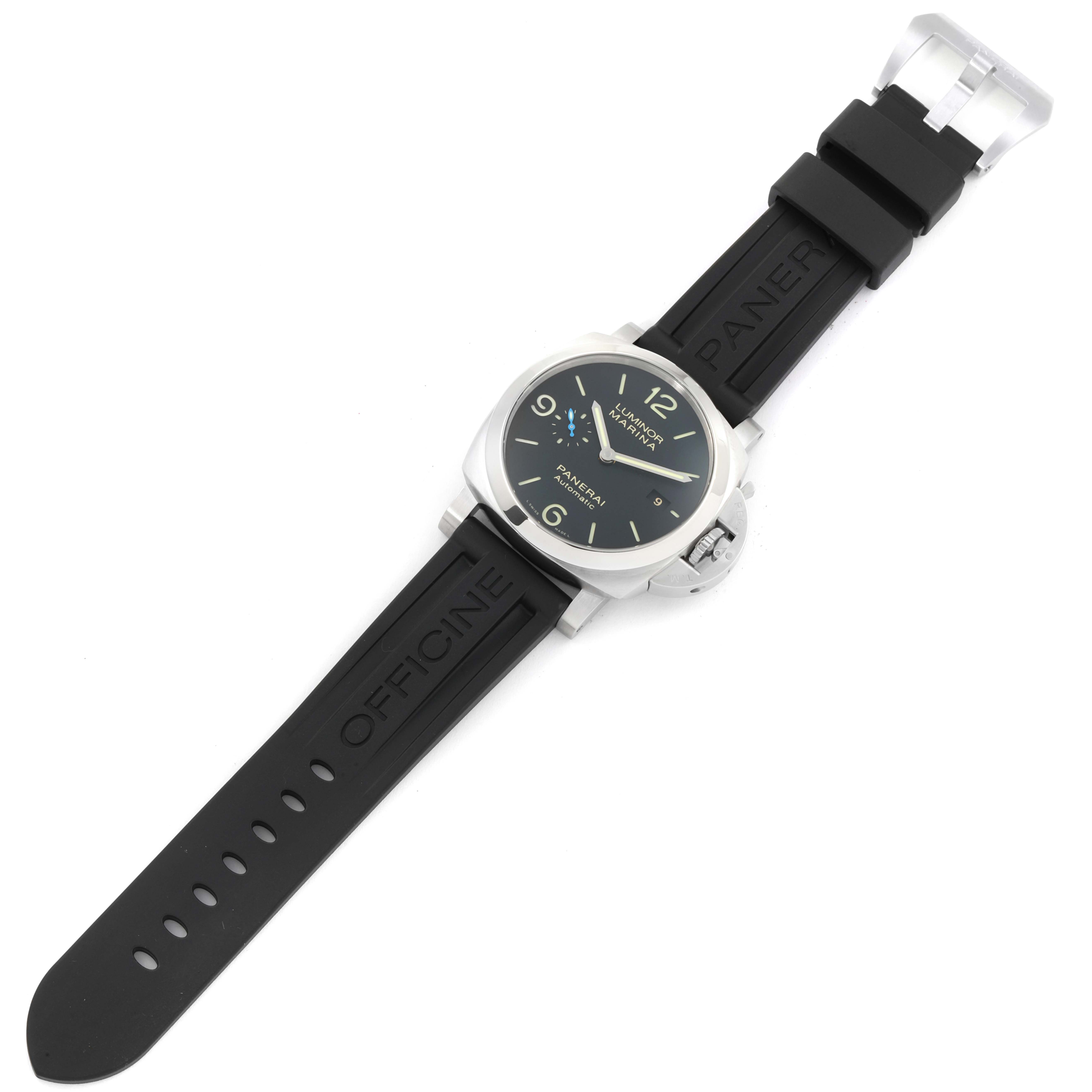 The image shows a top view of a Panerai Luminor PAM01312 Men's Stainless Steel Black Dial PAM01312 Men's Stainless Steel Black Dial watch with a black rubber strap and a stainless steel case.