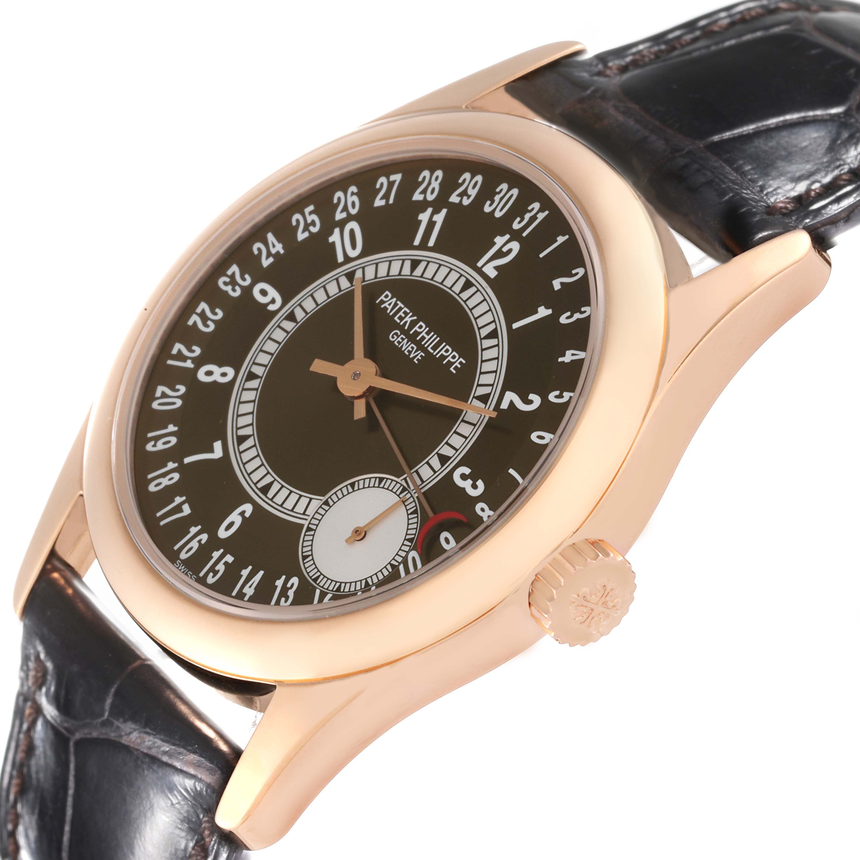 This angled view of the Patek Philippe Calatrava 6000R-001 Men's Rose Gold Brown Dial 6000R-001 Men's Rose Gold Brown Dial watch showcases the dial, crown, and leather strap.