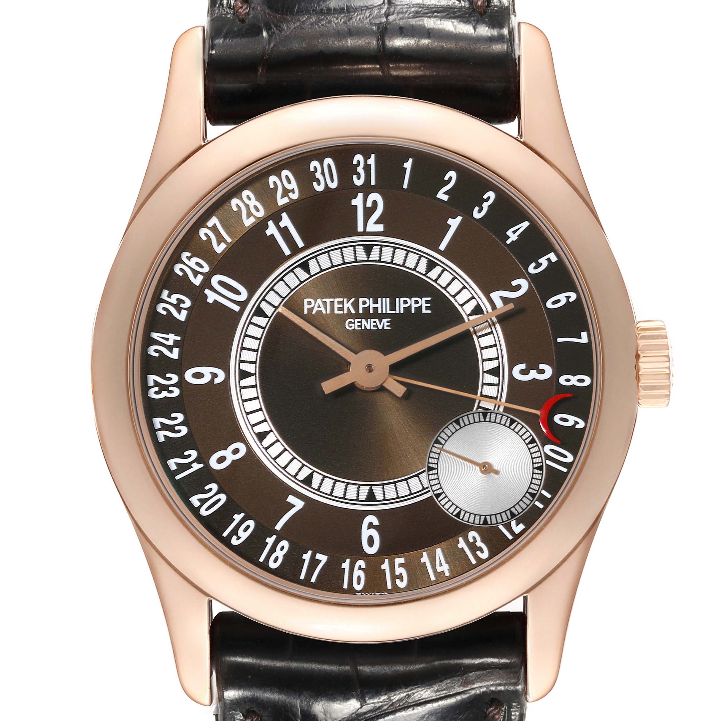 The image shows a frontal view of a Patek Philippe Calatrava 6000R-001 Men's Rose Gold Brown Dial 6000R-001 Men's Rose Gold Brown Dial watch, highlighting its face, dial, and strap attachments.
