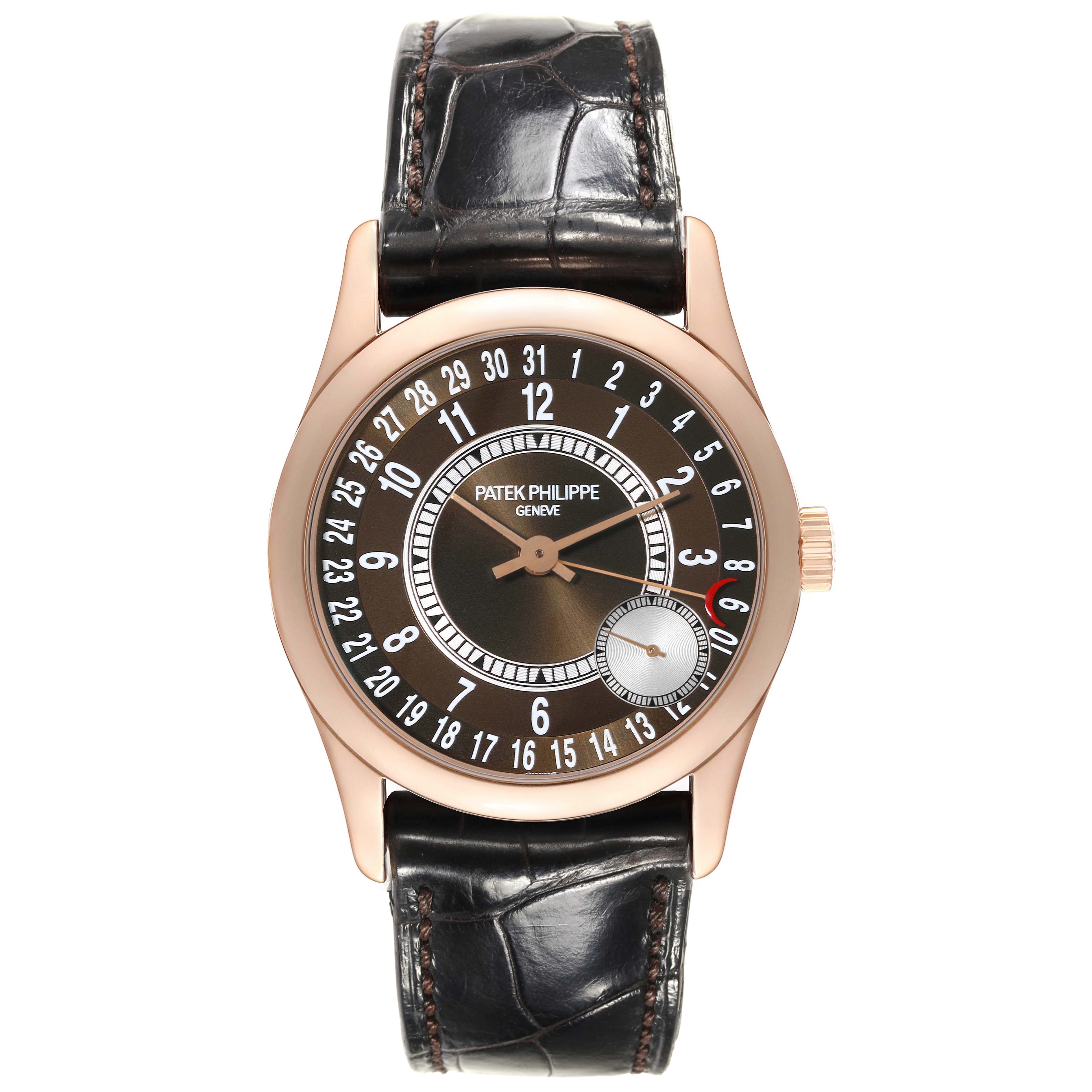 The image shows a front view of a Patek Philippe Calatrava 6000R-001 Men's Rose Gold Brown Dial 6000R-001 Men's Rose Gold Brown Dial watch, displaying its black dial, gold casing, and leather strap.
