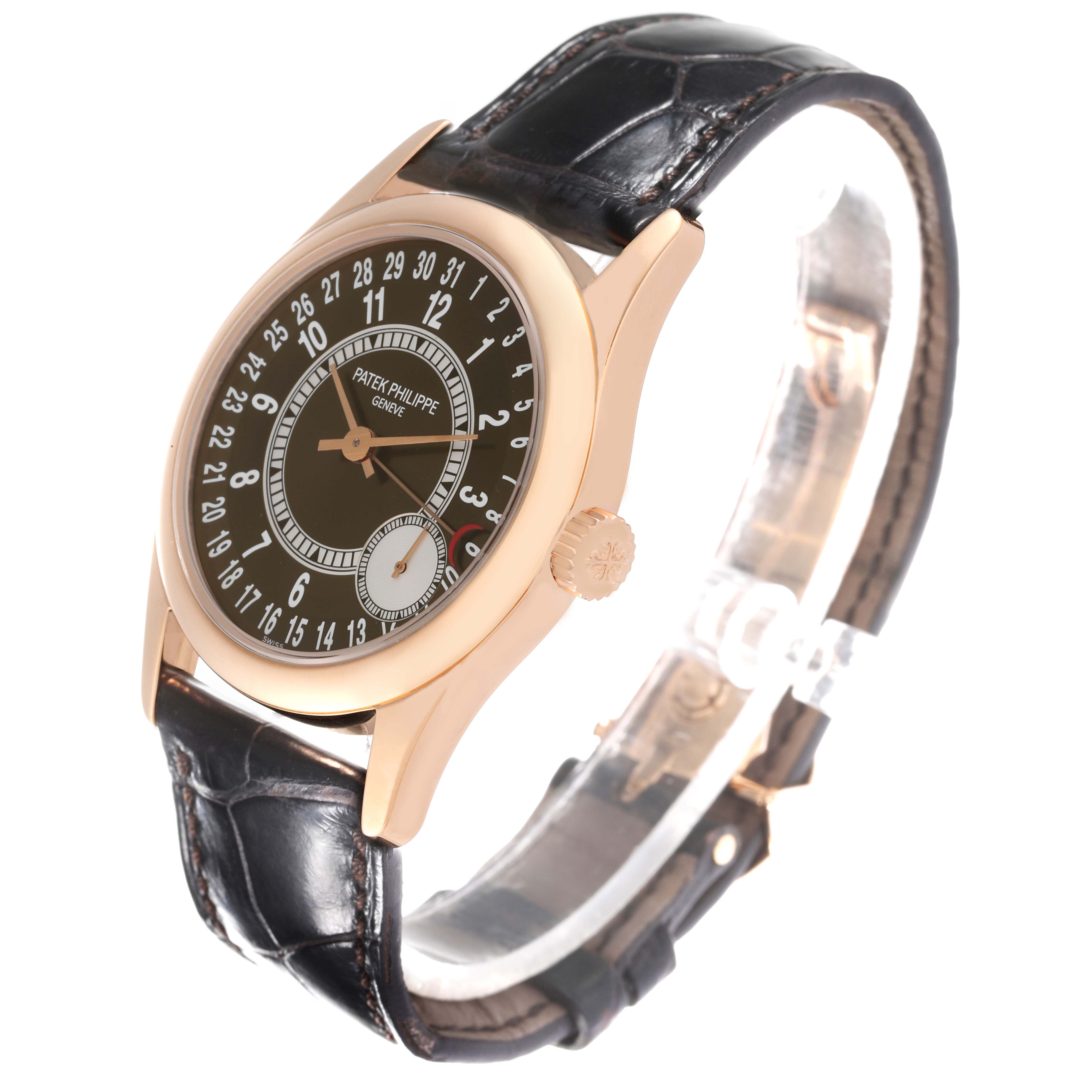 This Patek Philippe Calatrava 6000R-001 Men's Rose Gold Brown Dial 6000R-001 Men's Rose Gold Brown Dial watch is shown at a front angle, featuring the dial, case, crown, and leather strap.