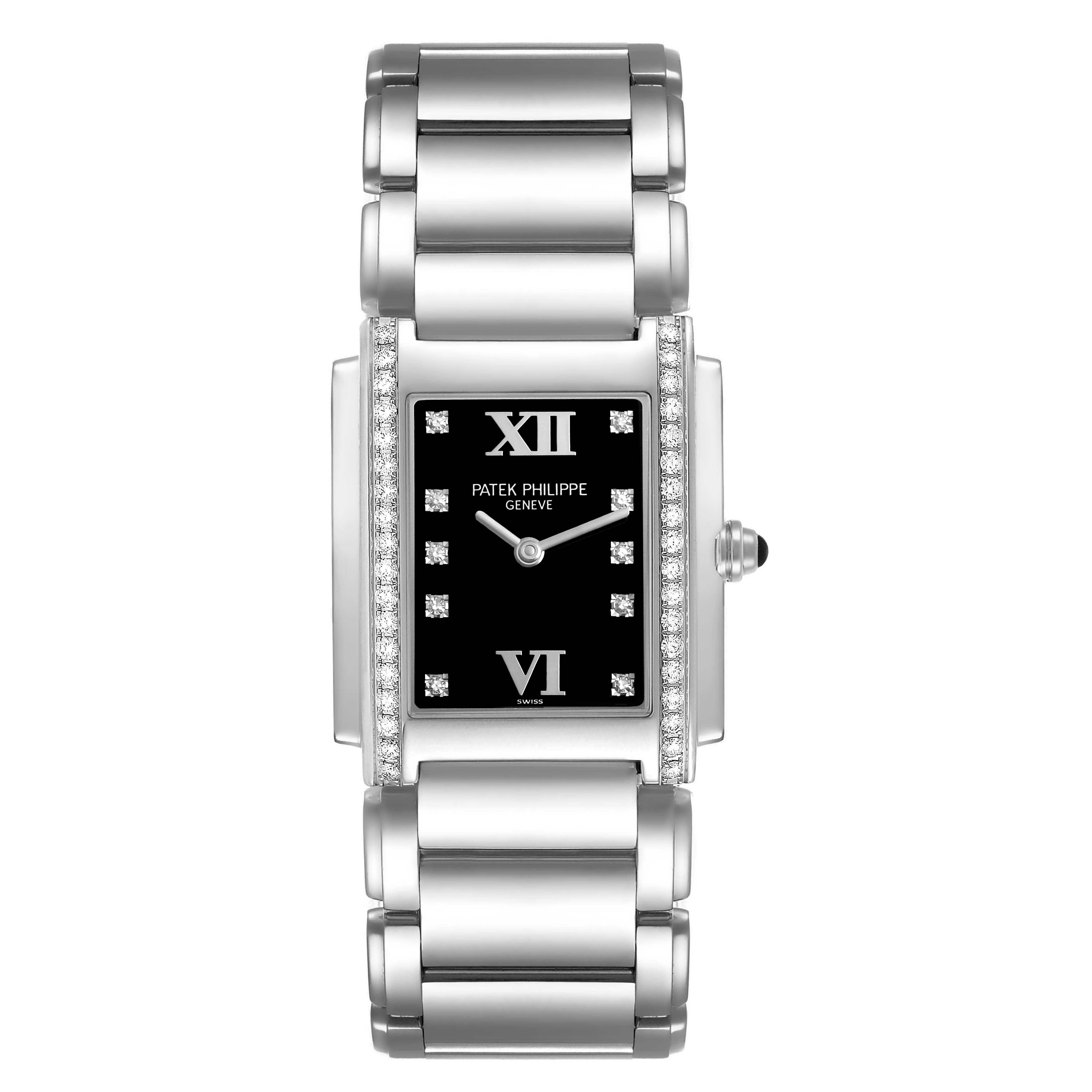 The Patek Philippe Twenty-4 4910/10A Women's Stainless Steel Black Dial watch is shown from a top-down angle, highlighting the rectangular face, bracelet, and diamond accents.