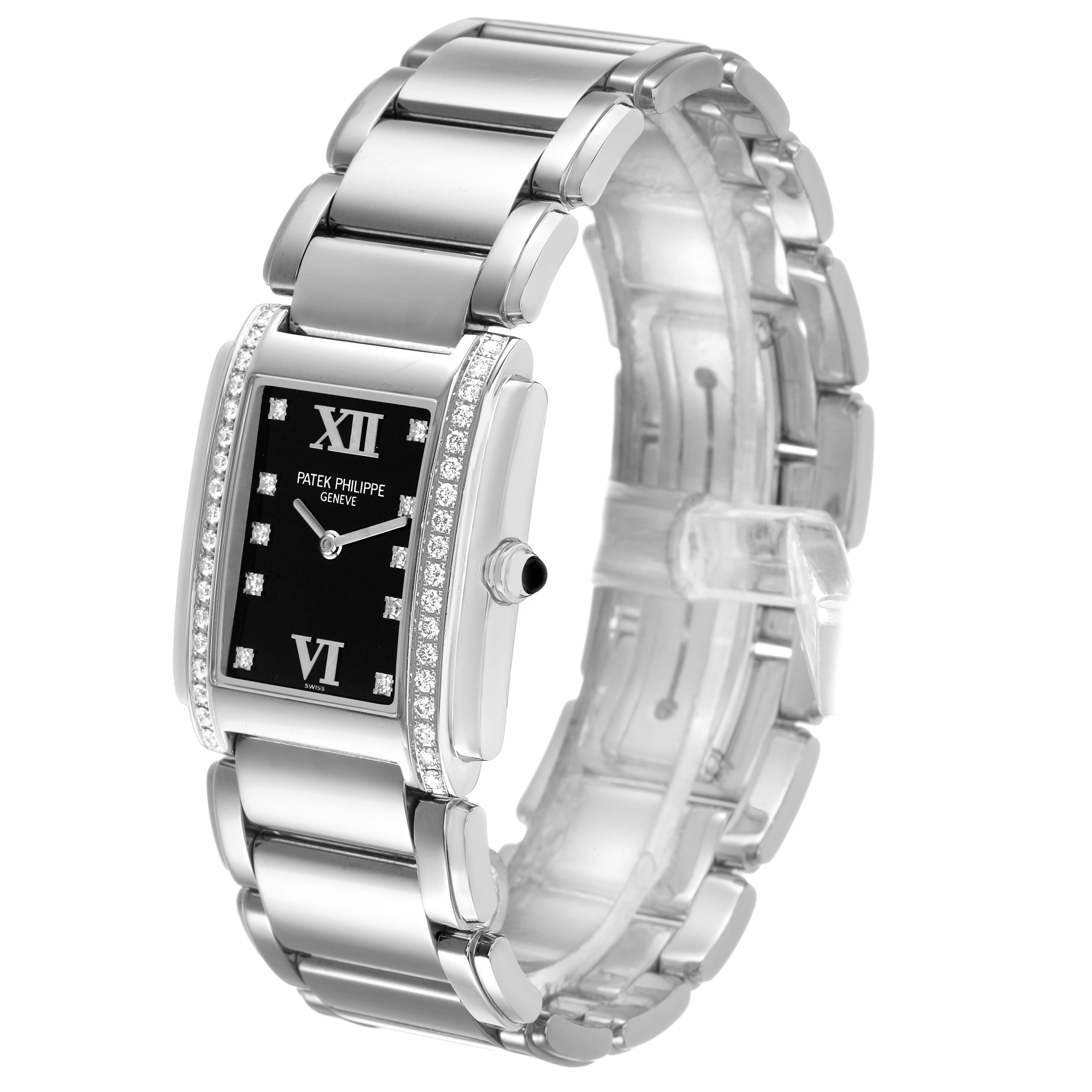 The Patek Philippe Twenty-4 4910/10A Women's Stainless Steel Black Dial watch is shown at a slight angle, displaying the bracelet, case, and diamond-set bezel.