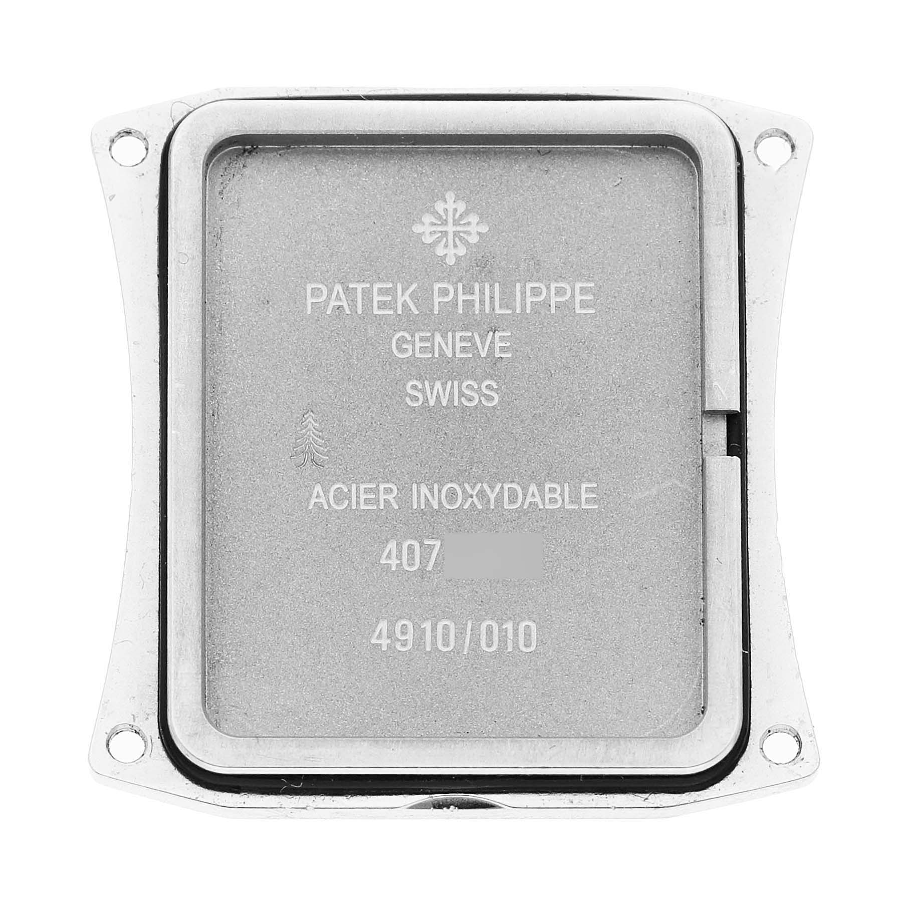 The image shows the back case of a Patek Philippe Twenty-4 4910/10A Women's Stainless Steel Black Dial watch, displaying model details and inscriptions.