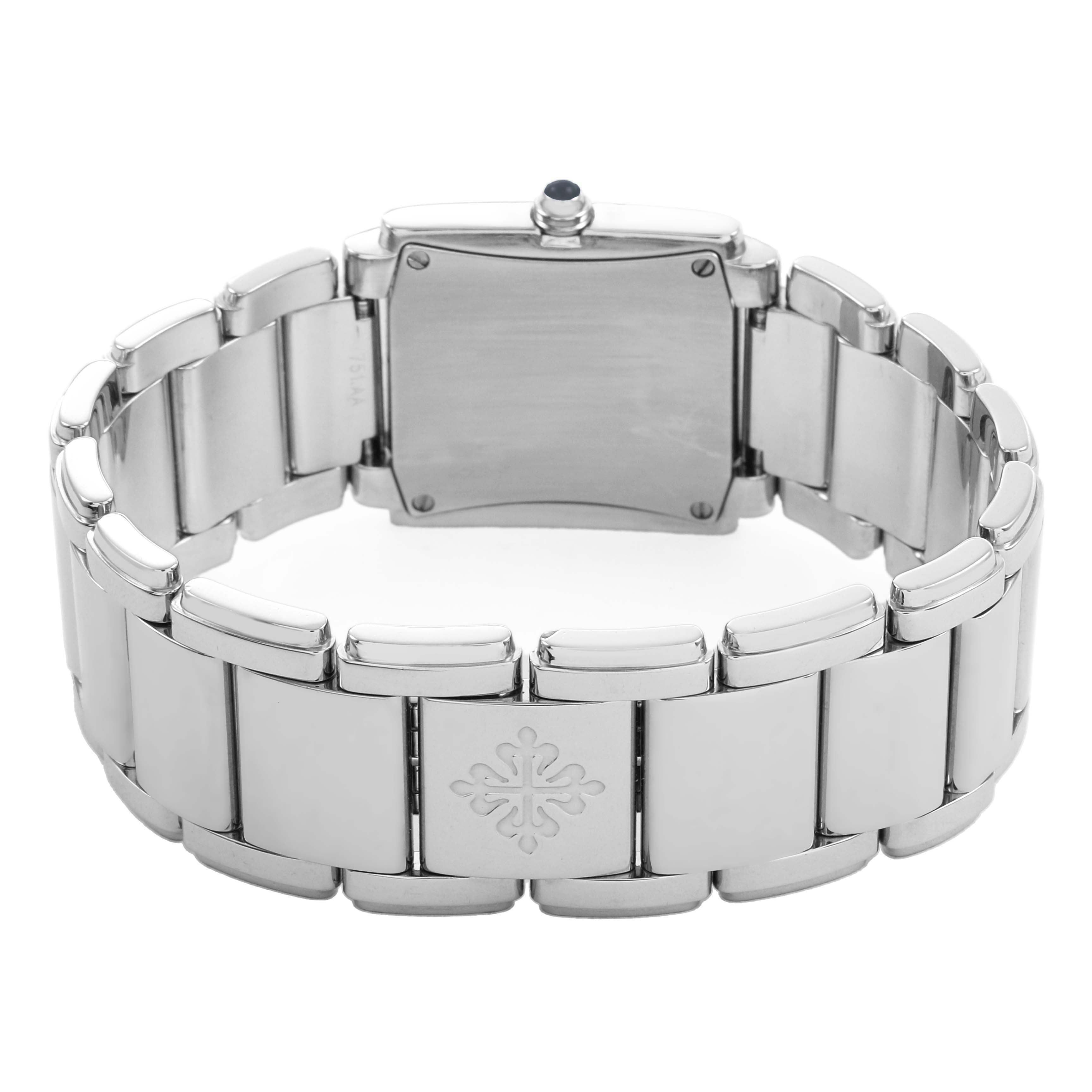 The image shows the back view of the Patek Philippe Twenty-4 4910/10A Women's Stainless Steel Black Dial watch, highlighting the case back and metal bracelet clasp.