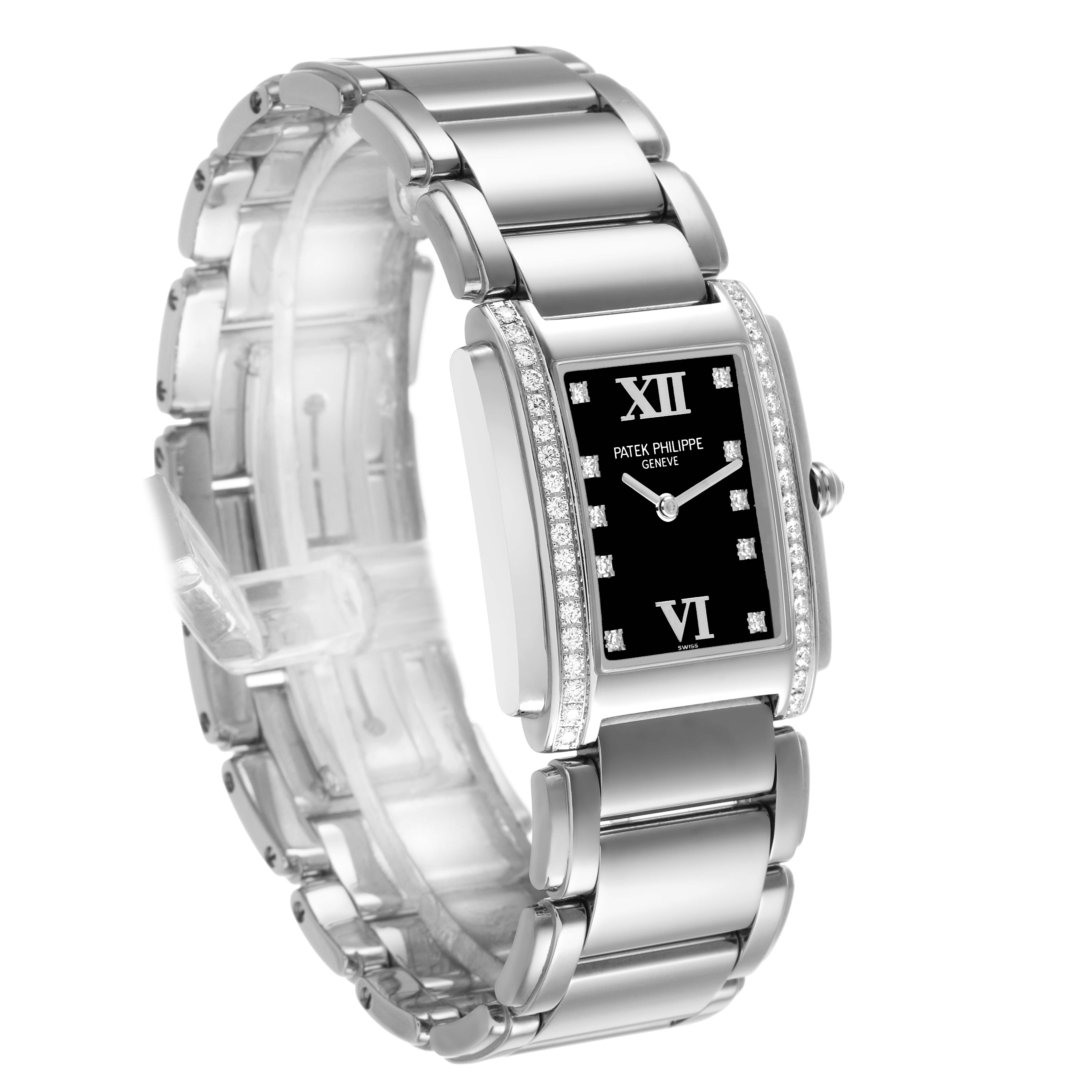 The Patek Philippe Twenty-4 4910/10A Women's Stainless Steel Black Dial watch is shown at an angled side view, highlighting the bracelet, case, and diamond-set bezel.