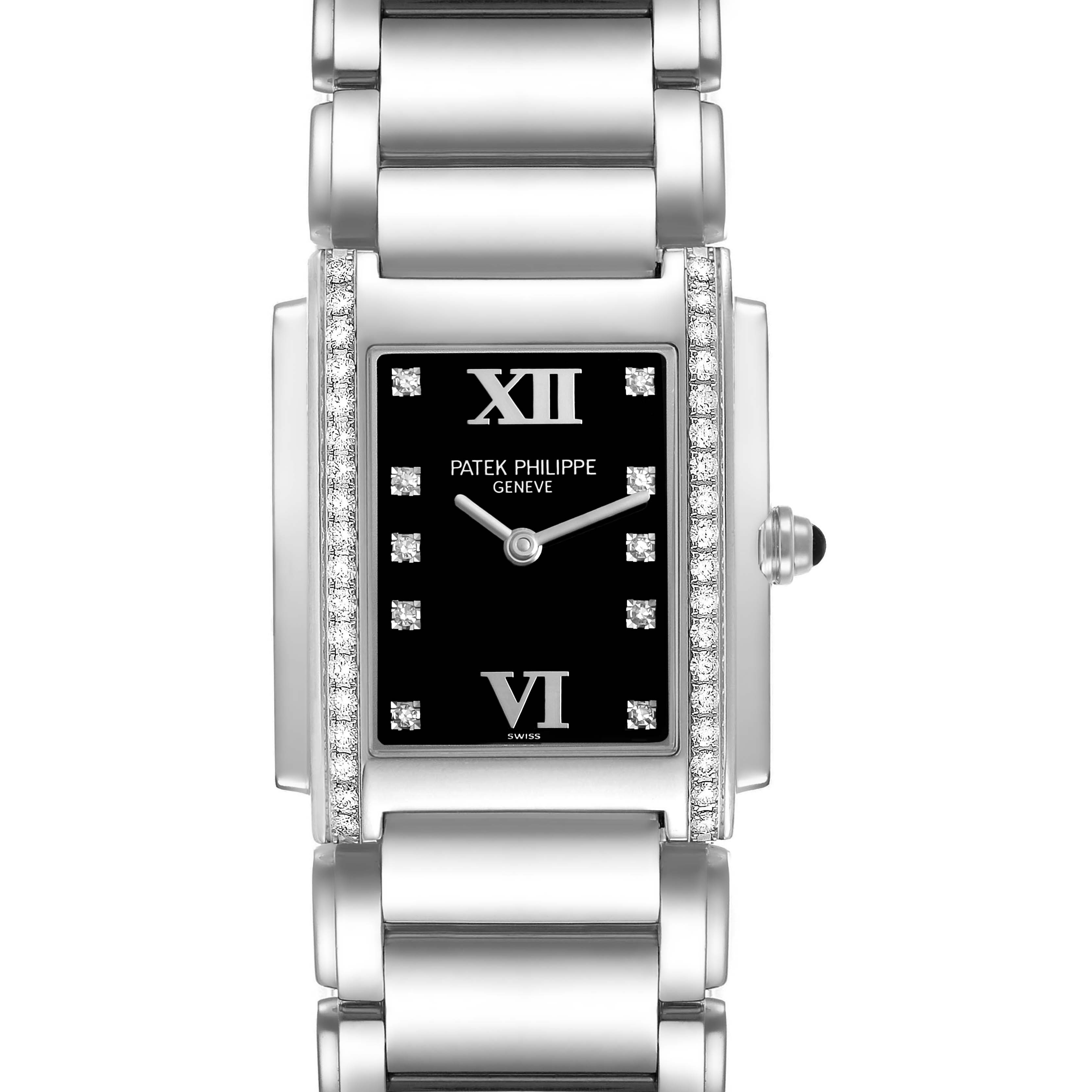 The Patek Philippe Twenty-4 4910/10A Women's Stainless Steel Black Dial watch is shown from the front, highlighting its rectangular face, diamond bezel, and metal bracelet.
