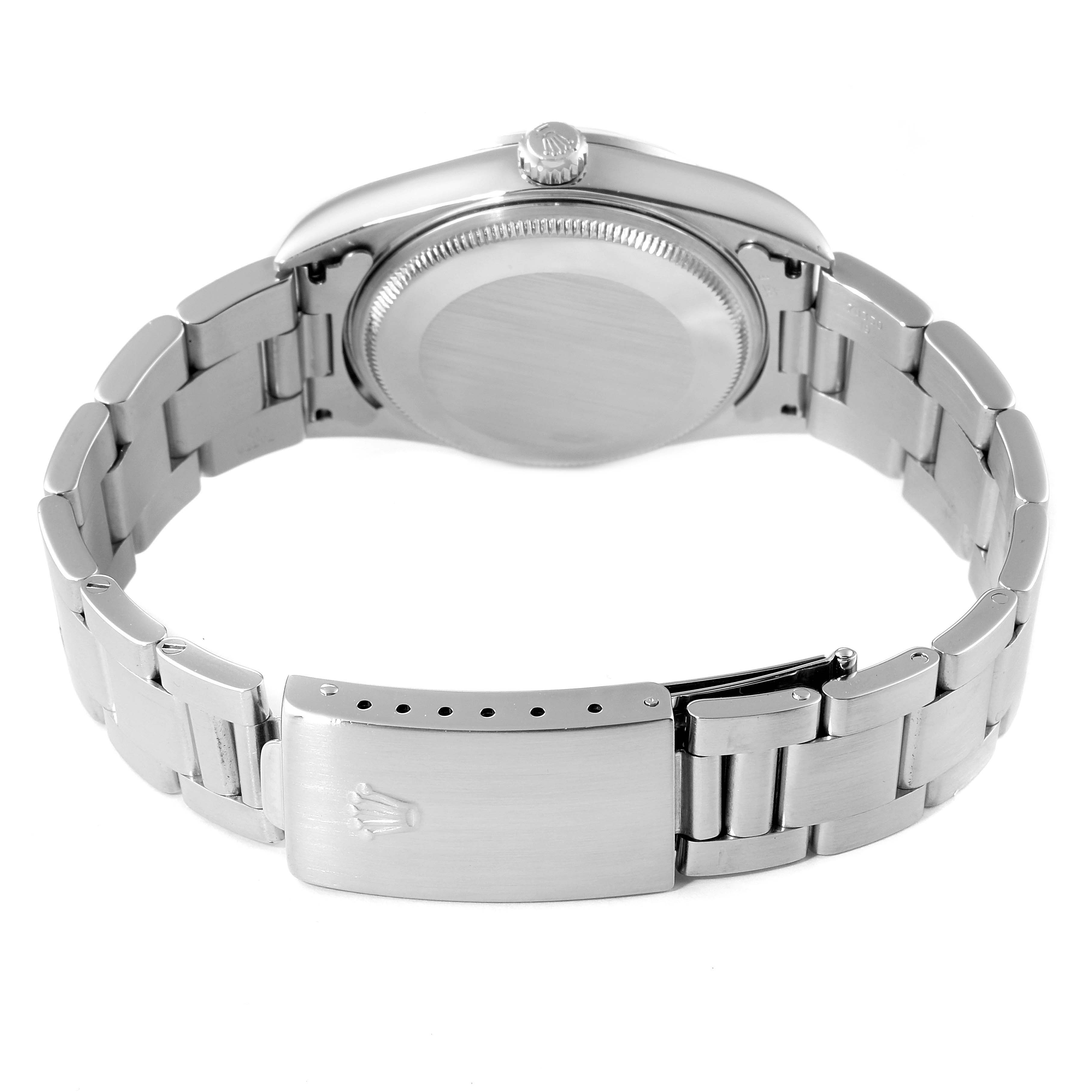 The image shows the back view of the Rolex Air-King 14000 Men's Stainless Steel Black Dial 14000 Men's Stainless Steel Black Dial watch, highlighting the case back, bracelet, and clasp.