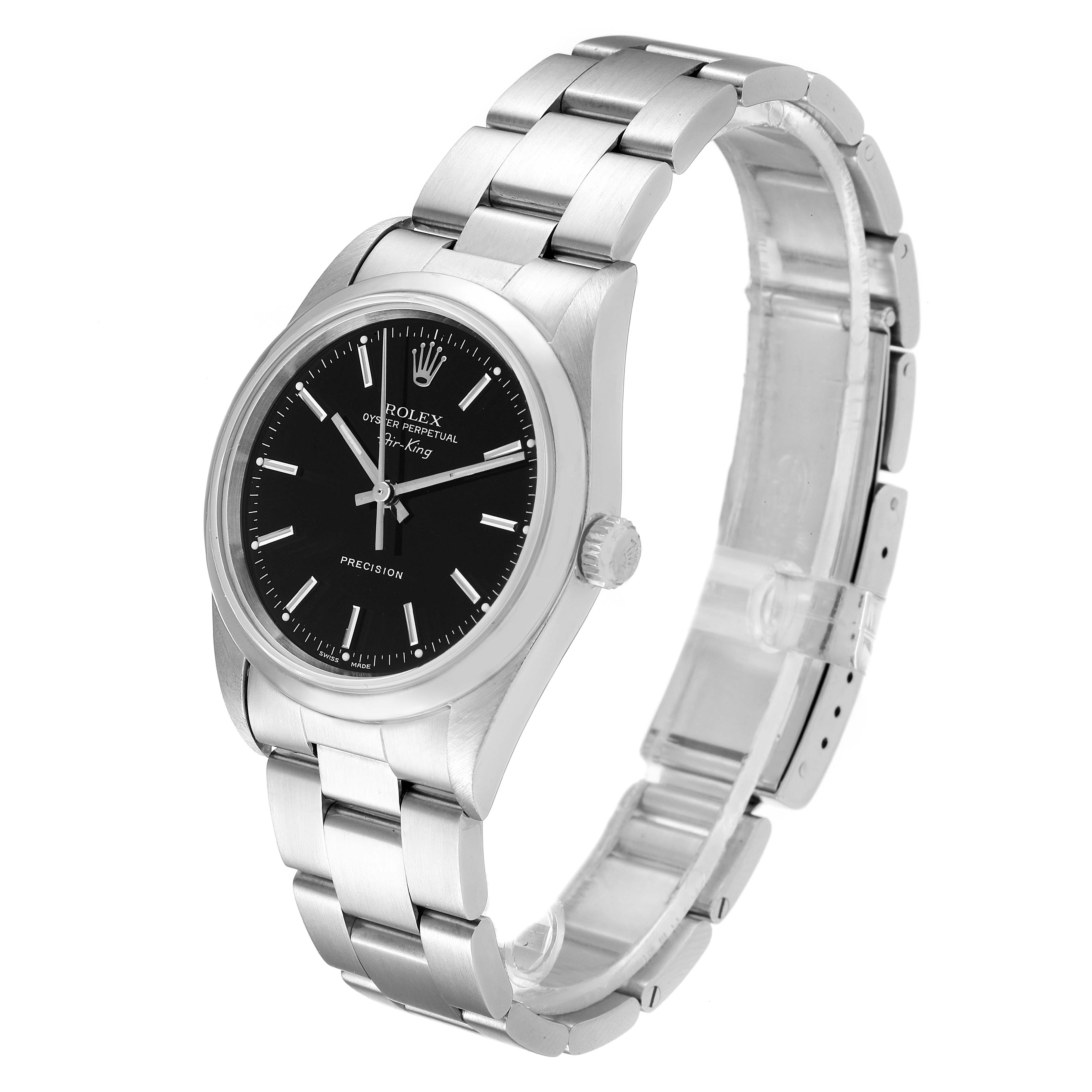 The image shows a Rolex Air-King 14000 Men's Stainless Steel Black Dial 14000 Men's Stainless Steel Black Dial watch at a slight angle, highlighting the face, crown, and metal bracelet band.