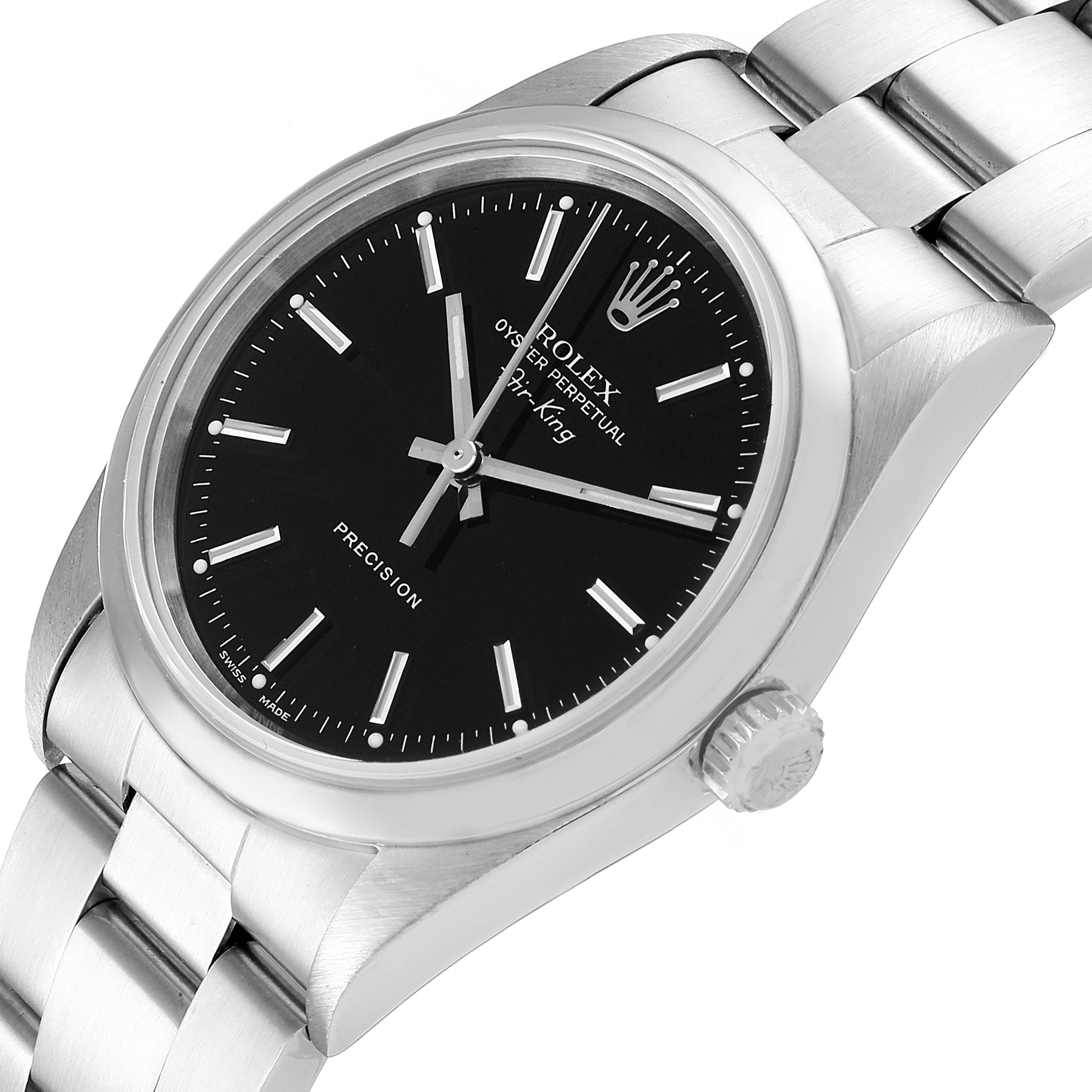 This image shows the Rolex Air-King 14000 Men's Stainless Steel Black Dial 14000 Men's Stainless Steel Black Dial watch at a three-quarter angle, highlighting the dial, case, bracelet, and crown.