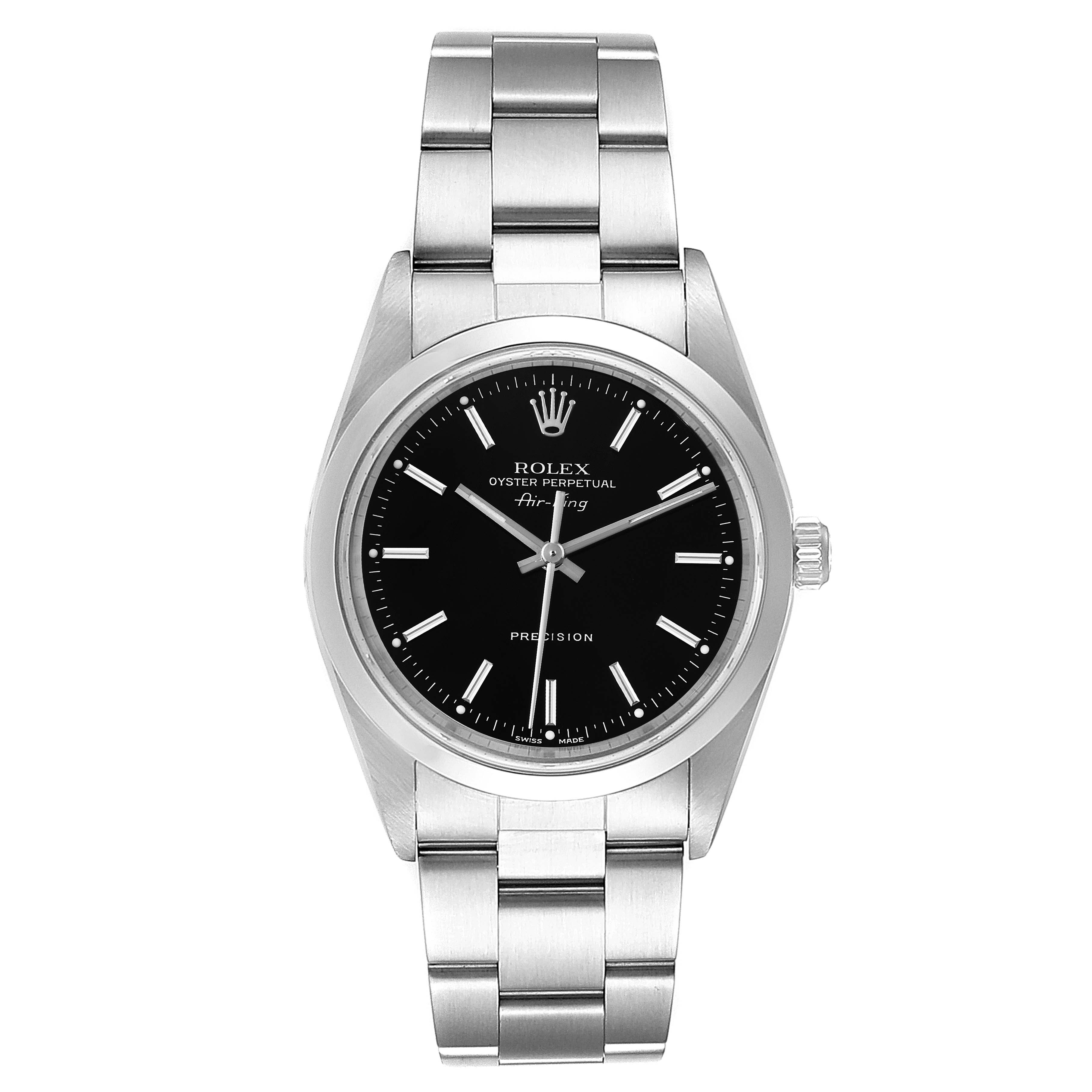 The image shows a front view of a Rolex Air-King 14000 Men's Stainless Steel Black Dial 14000 Men's Stainless Steel Black Dial watch, displaying its face, bezel, crown, and bracelet.