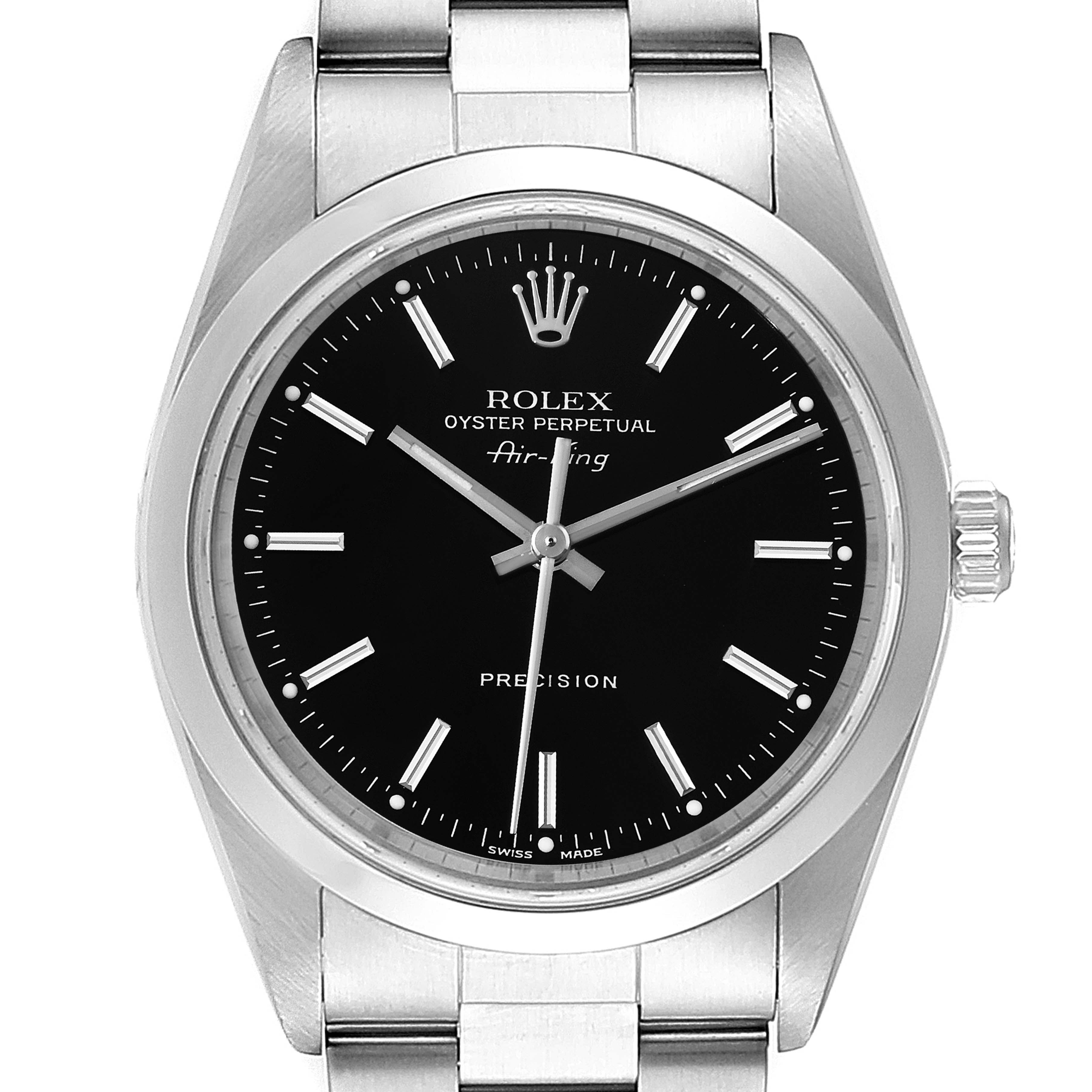 The image shows a front view of the Rolex Air-King 14000 Men's Stainless Steel Black Dial 14000 Men's Stainless Steel Black Dial watch, featuring its black dial, crown, and stainless steel bracelet.