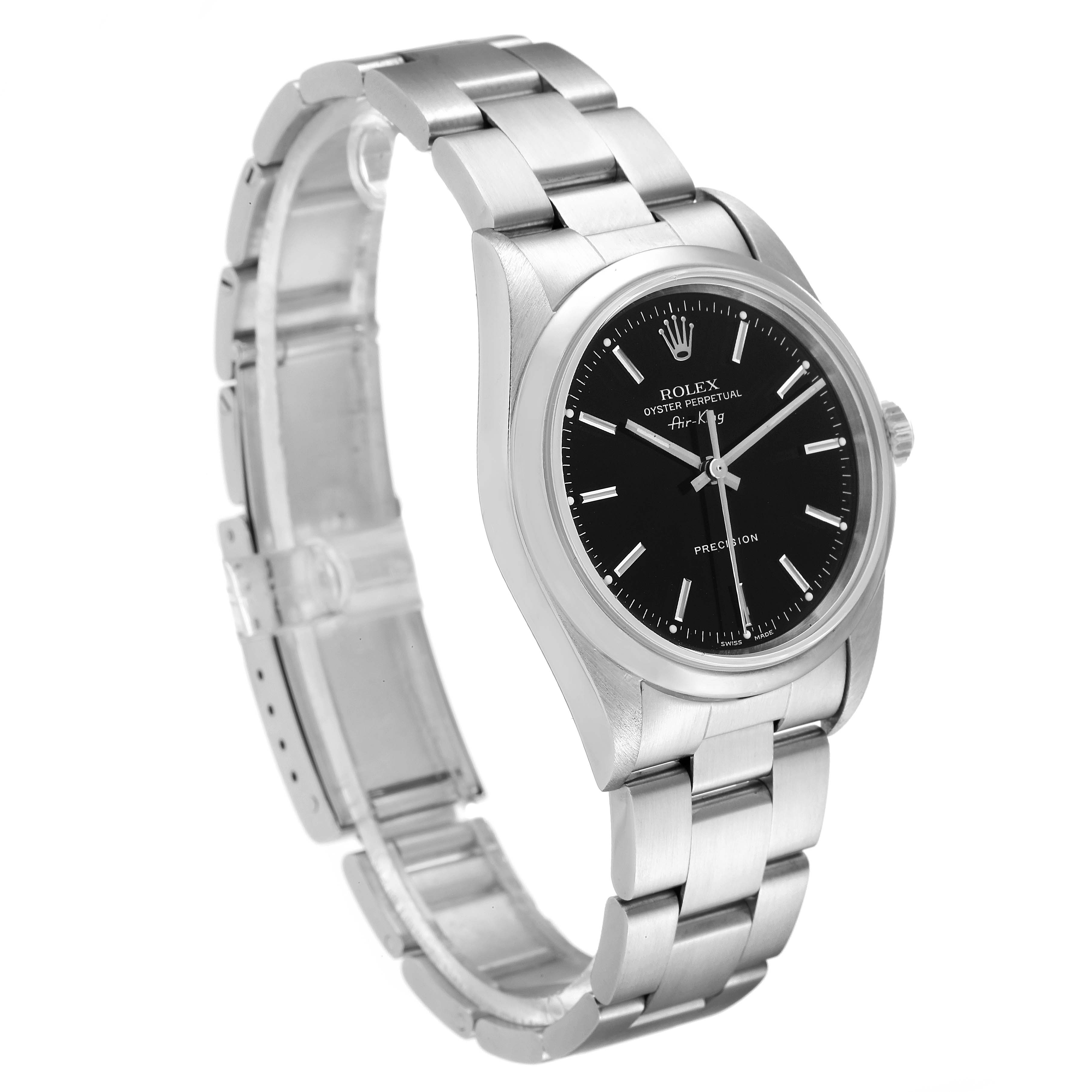 The image shows a side angle of a Rolex Air-King 14000 Men's Stainless Steel Black Dial 14000 Men's Stainless Steel Black Dial watch, highlighting its dial, bezel, and partially open bracelet.