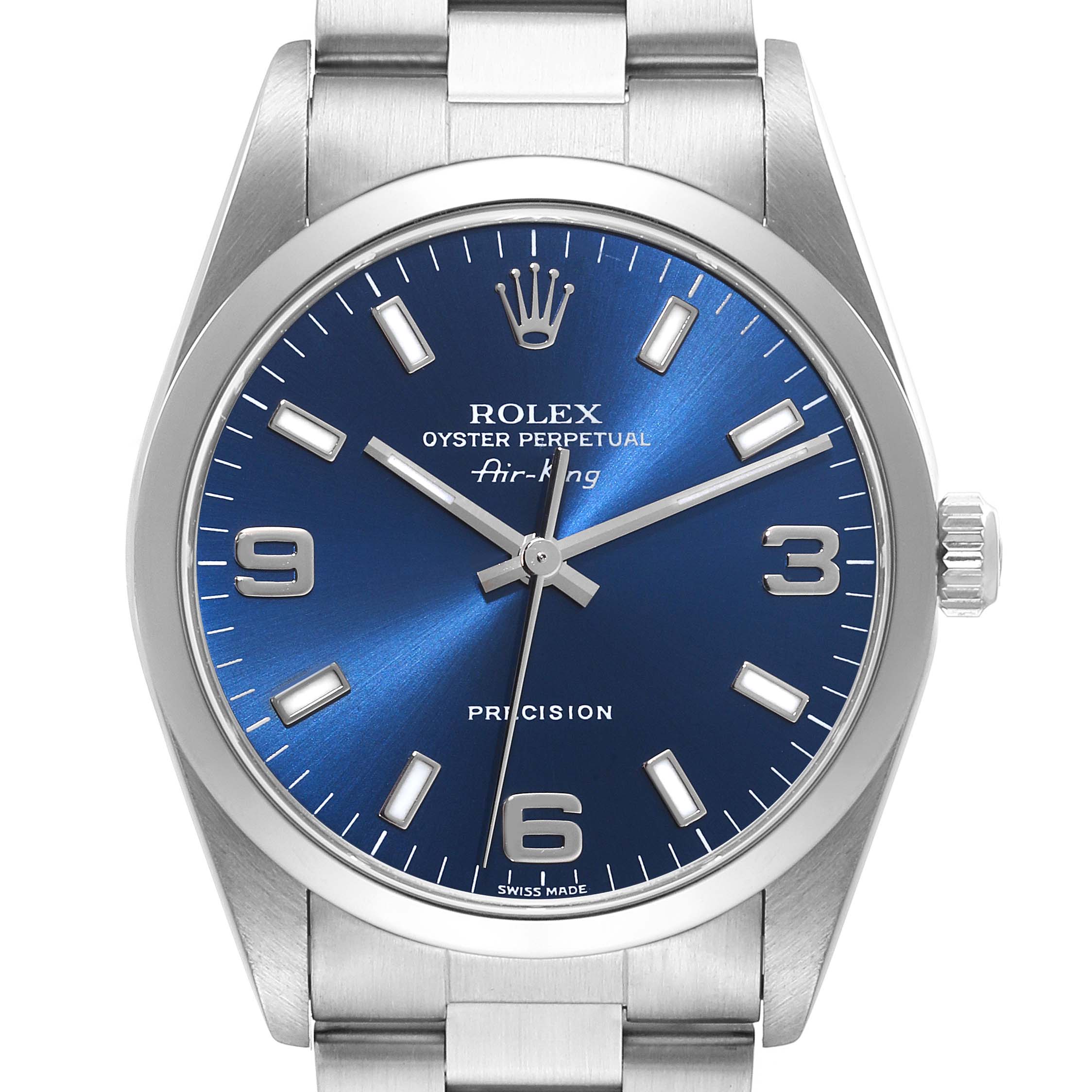 The Rolex Air-King 14000 Men's Stainless Steel Blue Dial 14000 Men's Stainless Steel Blue Dial watch is shown from a front angle, highlighting its blue dial, hour markers, hands, crown, and bracelet.