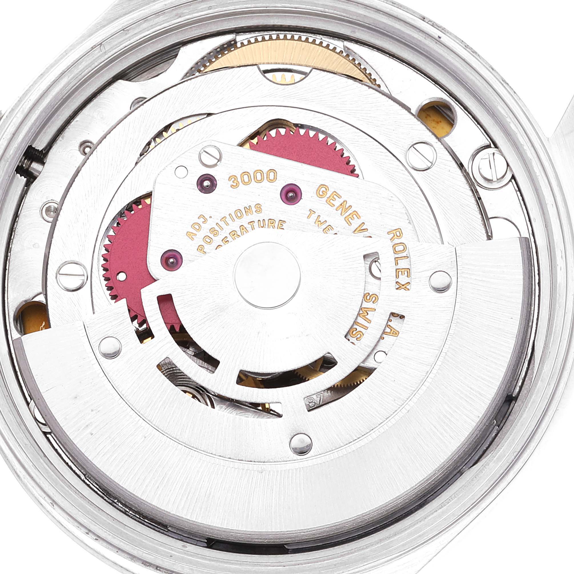 This is a close-up view of the movement mechanism inside a Rolex Air-King 14000 Men's Stainless Steel Blue Dial 14000 Men's Stainless Steel Blue Dial watch.