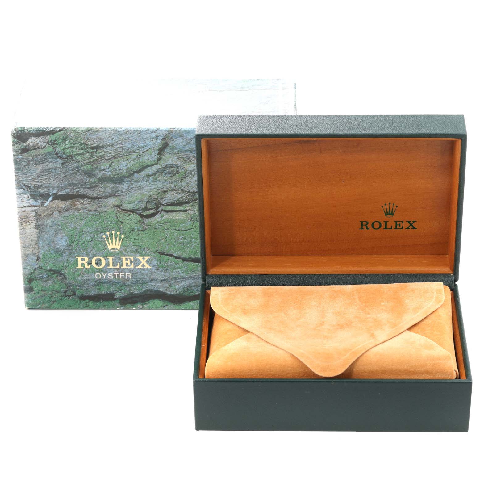 The image shows the packaging box and soft pouch for the Rolex Air-King 14000 Men's Stainless Steel Blue Dial 14000 Men's Stainless Steel Blue Dial watch, both featuring the brand’s logo.