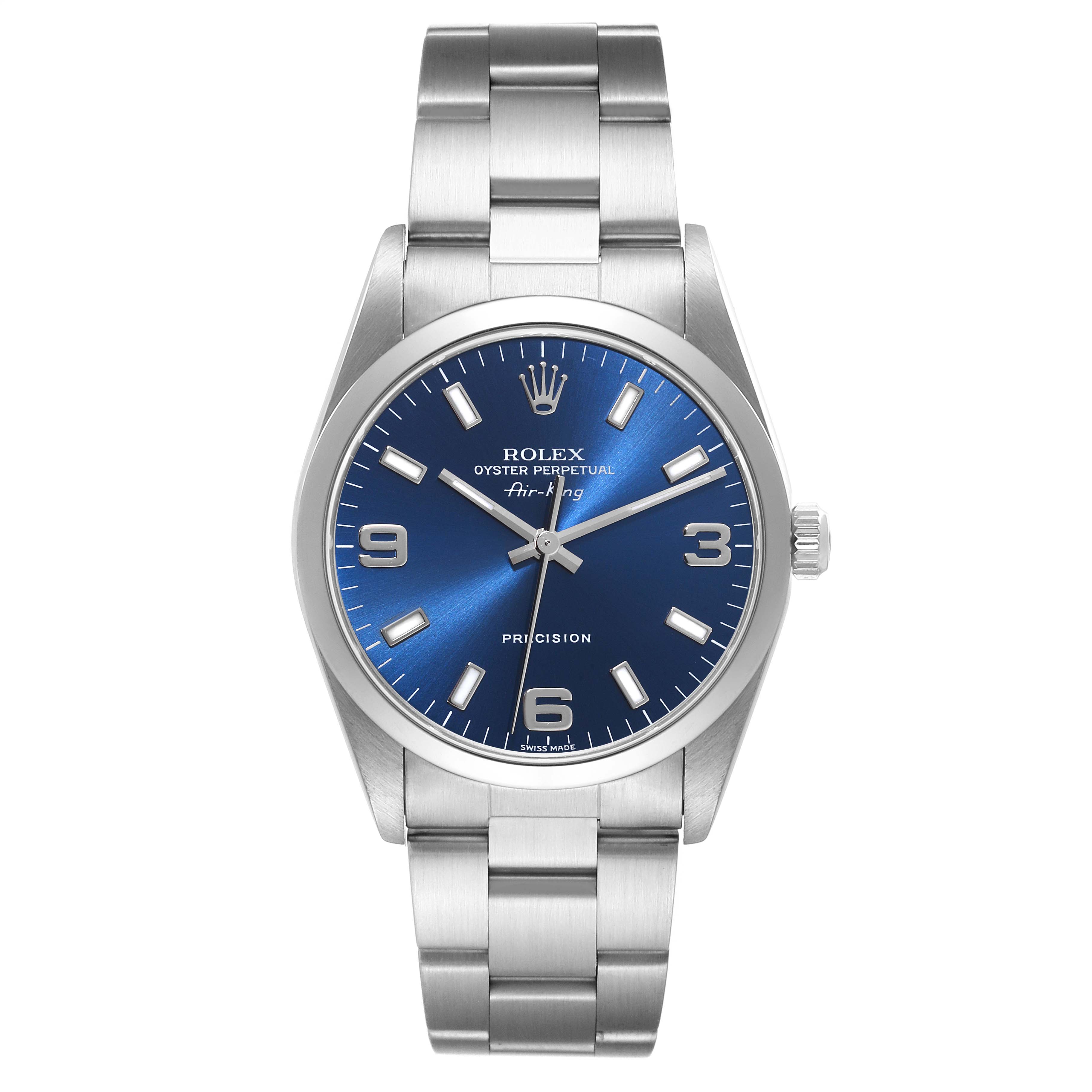 The Rolex Air-King 14000 Men's Stainless Steel Blue Dial 14000 Men's Stainless Steel Blue Dial watch is shown from a front angle, displaying the face, case, bezel, and bracelet.