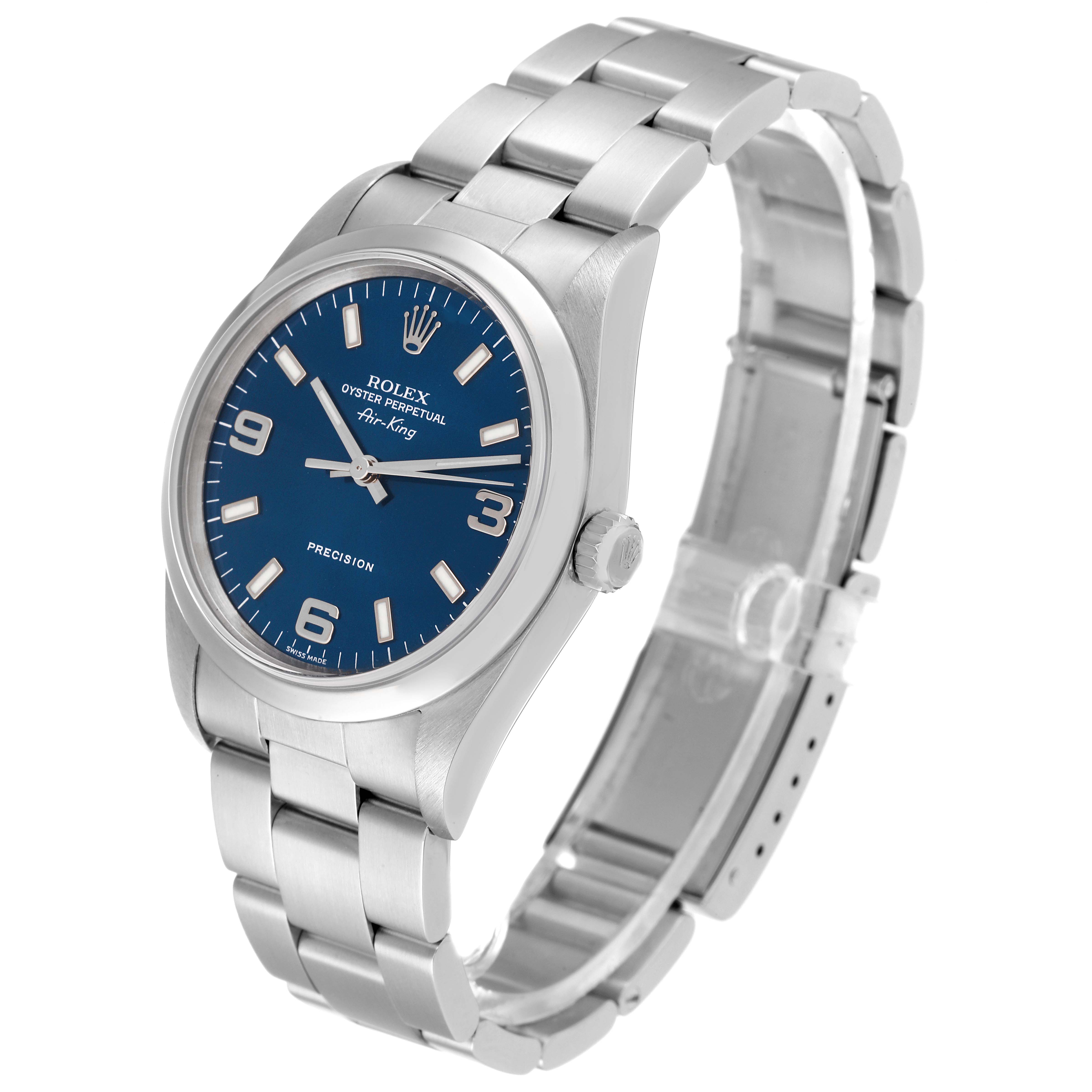 The image shows a Rolex Air-King 14000 Men's Stainless Steel Blue Dial 14000 Men's Stainless Steel Blue Dial watch at an angle that displays its face, bezel, crown, and bracelet.