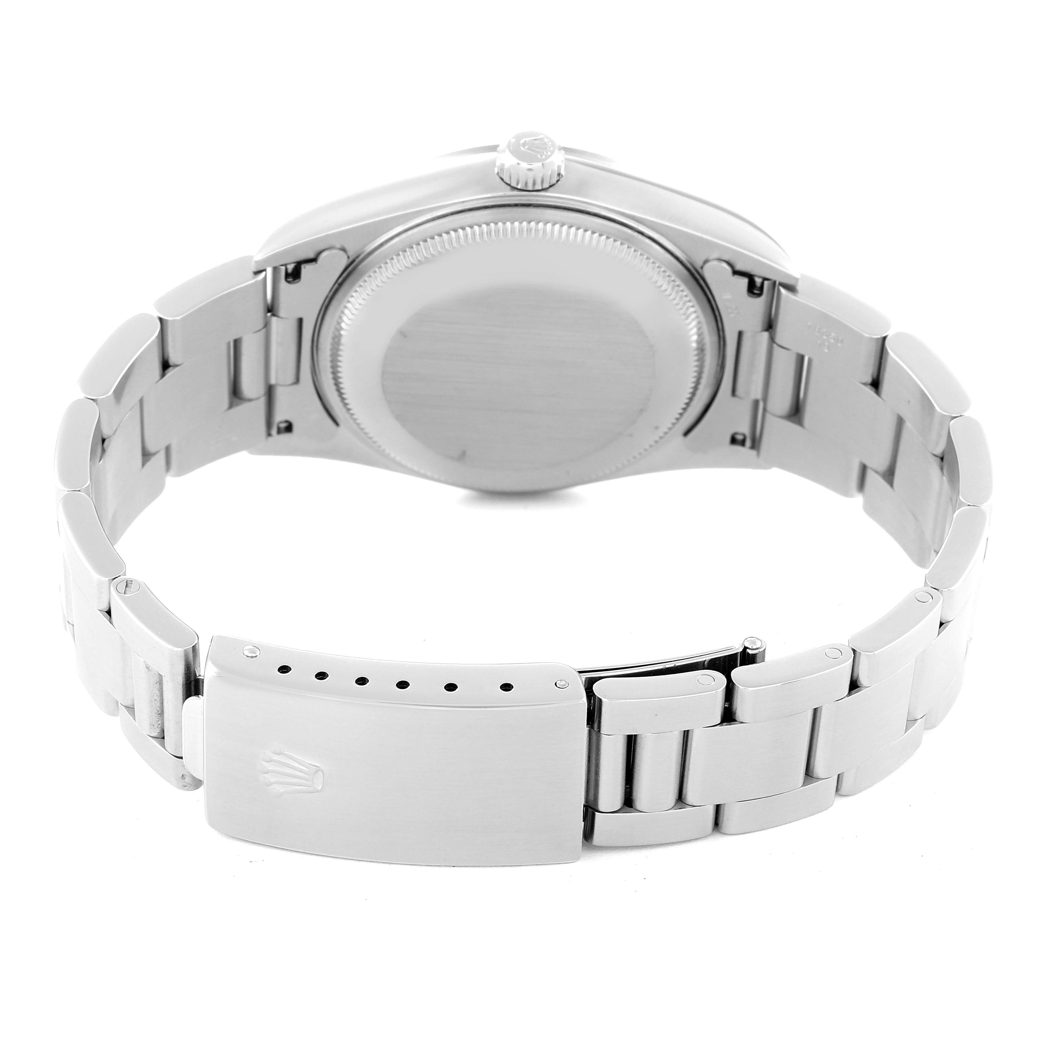 The image shows the back view of a Rolex Air-King 14000 Men's Stainless Steel Blue Dial 14000 Men's Stainless Steel Blue Dial watch, highlighting the case back, crown, and stainless steel bracelet with clasp.