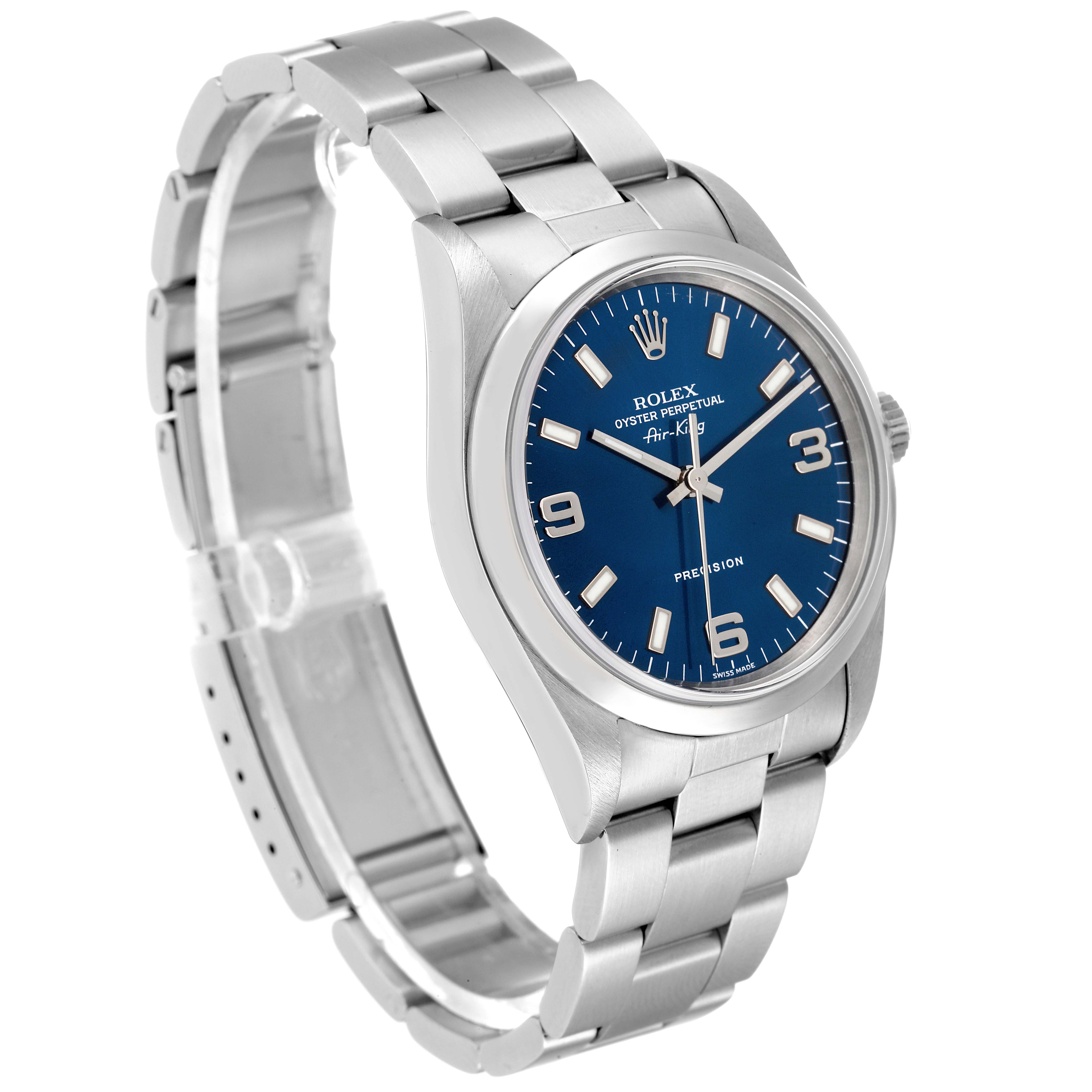 The image shows a Rolex Air-King 14000 Men's Stainless Steel Blue Dial 14000 Men's Stainless Steel Blue Dial watch from a front angle, highlighting its blue dial and metal bracelet.