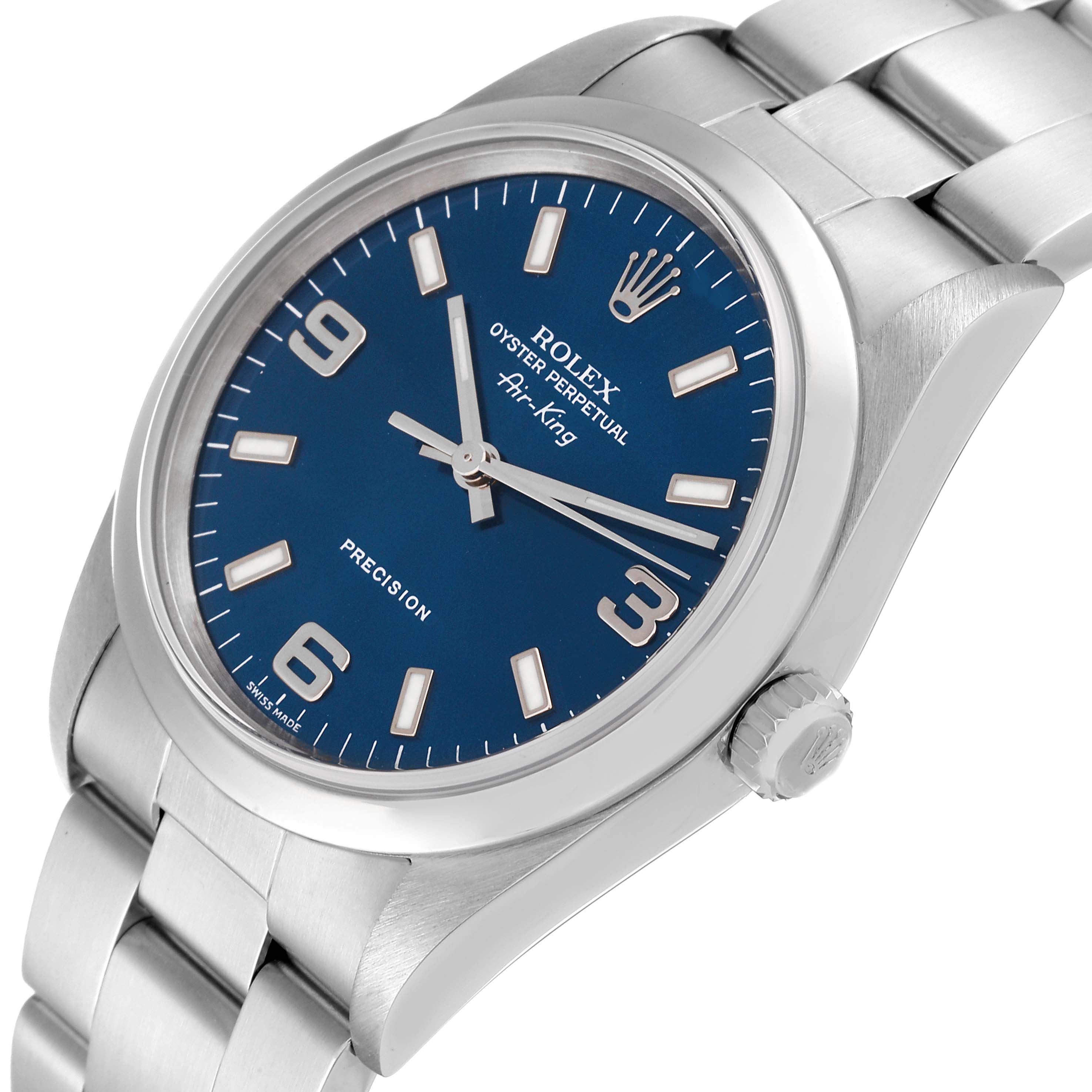 The image shows a side and partial top view of the Rolex Air-King 14000 Men's Stainless Steel Blue Dial 14000 Men's Stainless Steel Blue Dial watch, highlighting the dial, crown, and bracelet.