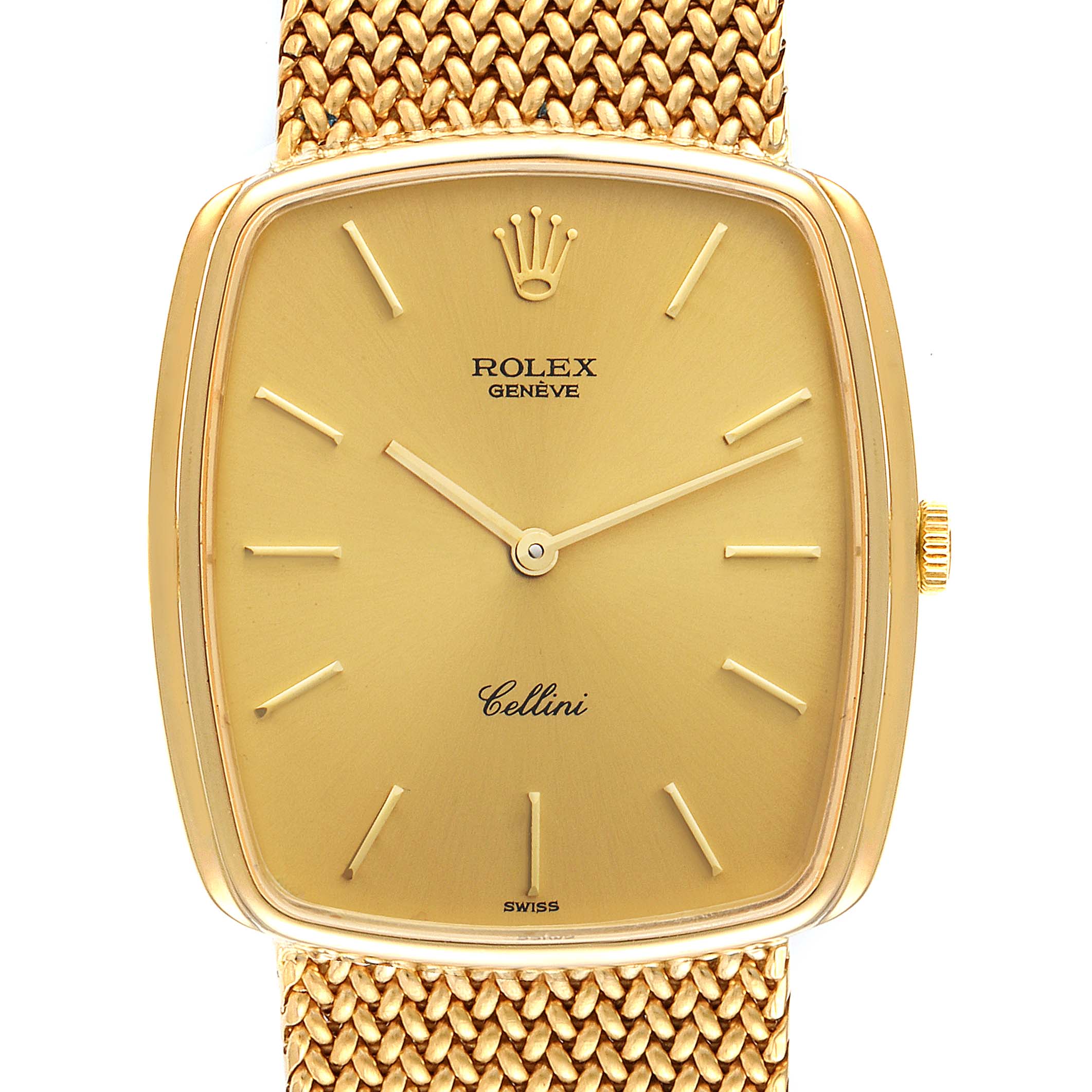 The image shows a front view of a Rolex Cellini 4086 Men's Yellow Gold Champagne Dial 4086 Men's Yellow Gold Champagne Dial watch featuring a gold dial and a gold mesh strap.