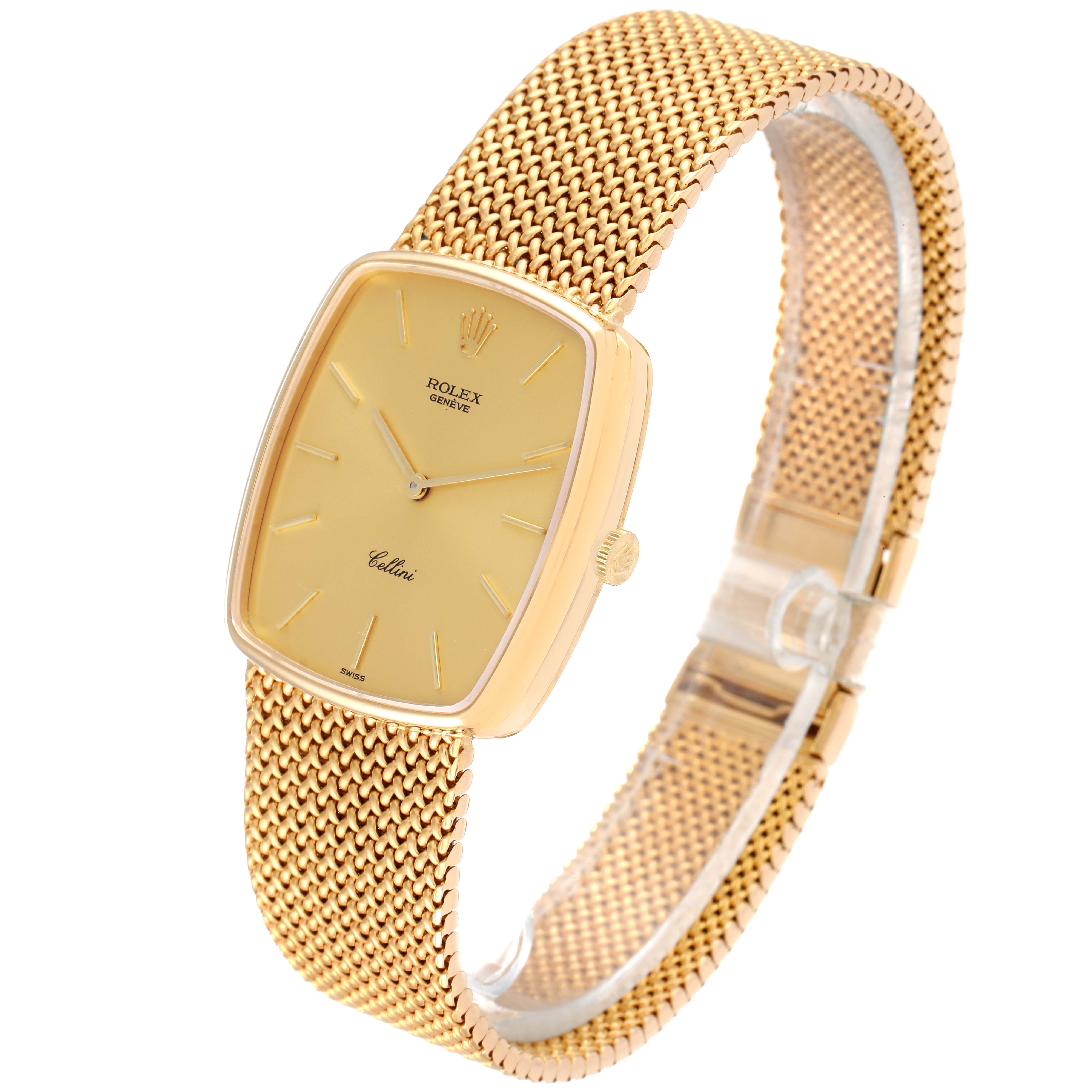The Rolex Cellini 4086 Men's Yellow Gold Champagne Dial 4086 Men's Yellow Gold Champagne Dial watch is shown at an angle highlighting the gold dial, mesh band, and crown.