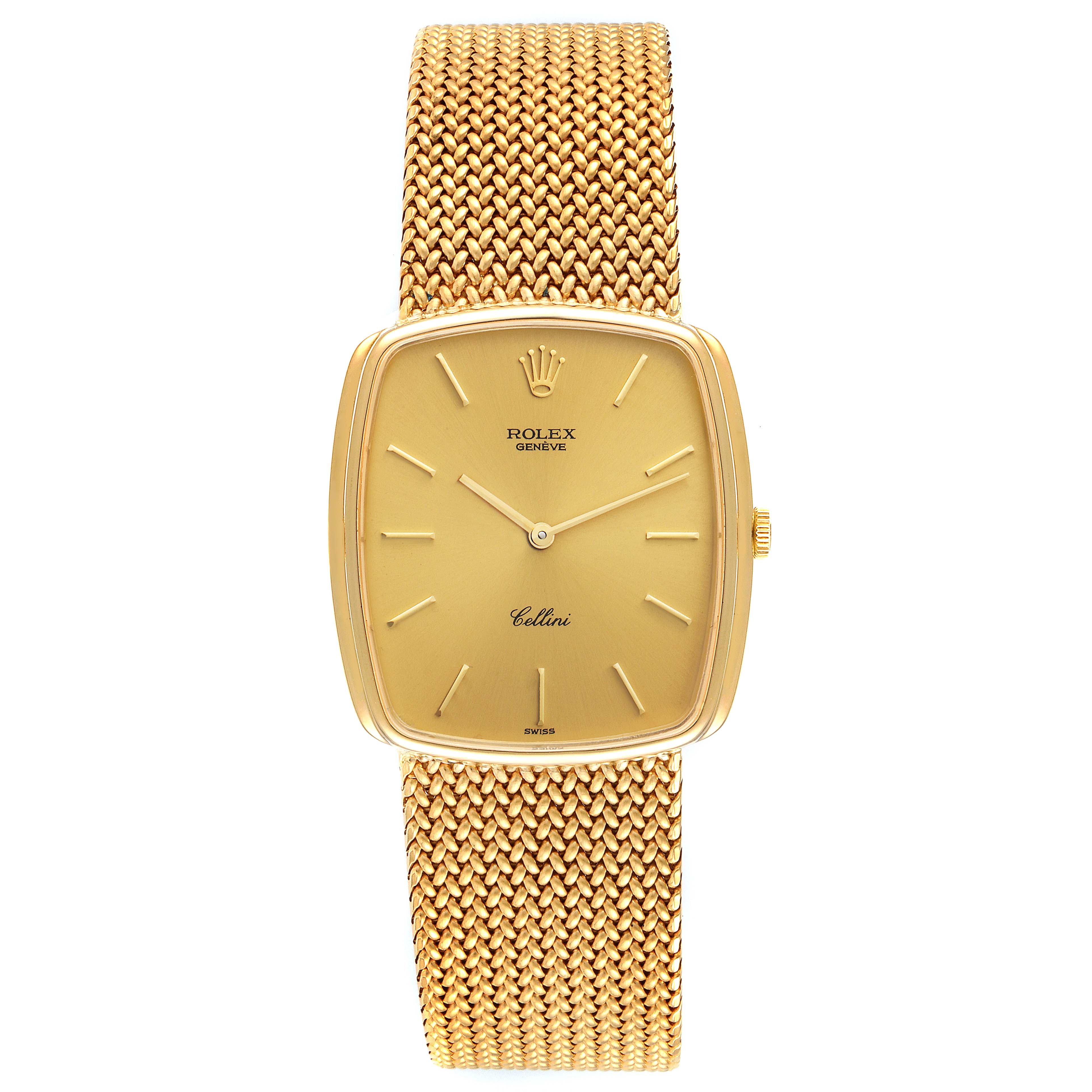 The image shows a front view of a Rolex Cellini 4086 Men's Yellow Gold Champagne Dial 4086 Men's Yellow Gold Champagne Dial watch, highlighting its gold mesh band and minimalist dial.
