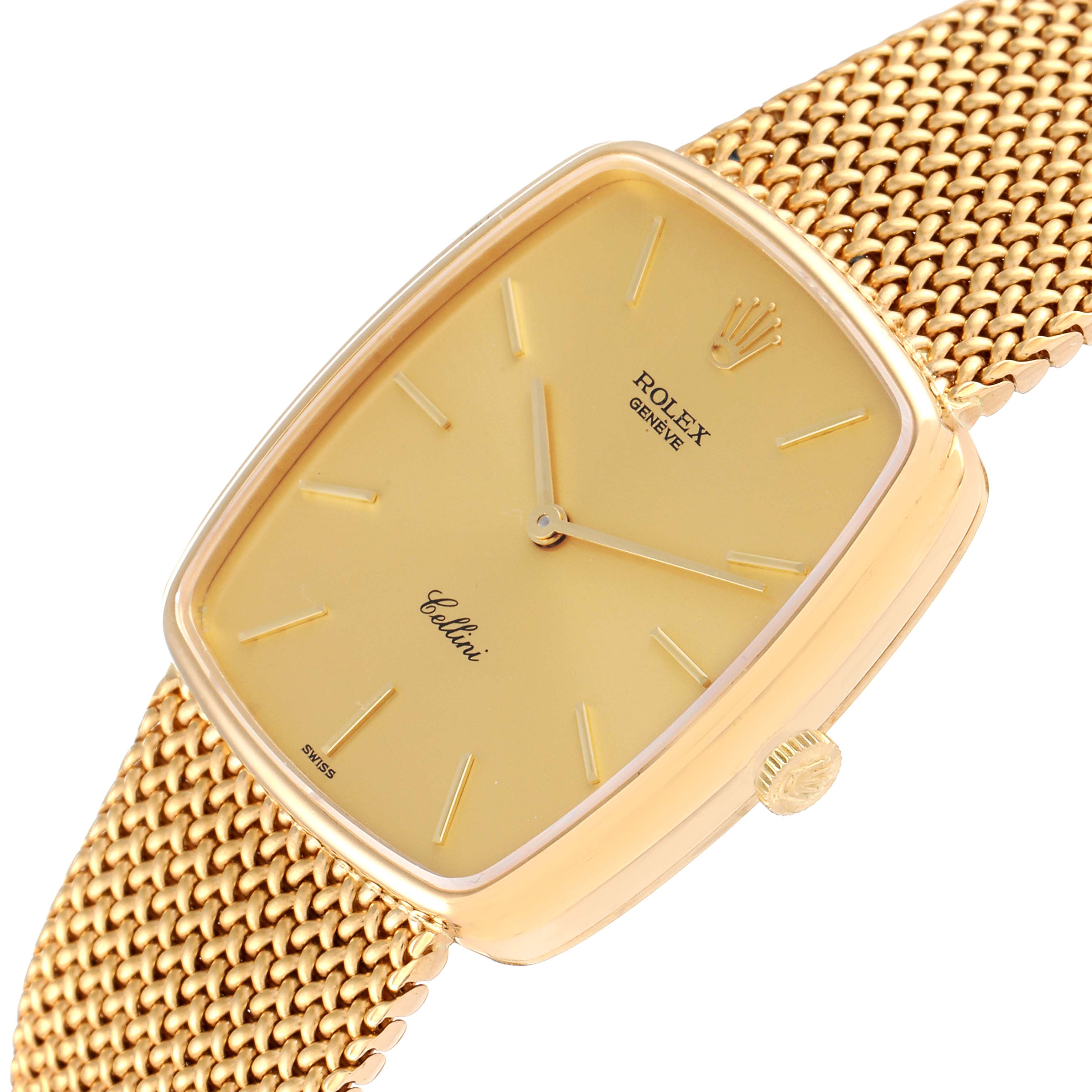 The Rolex Cellini 4086 Men's Yellow Gold Champagne Dial 4086 Men's Yellow Gold Champagne Dial watch is shown at an angle highlighting the face, crown, and part of the gold mesh band.