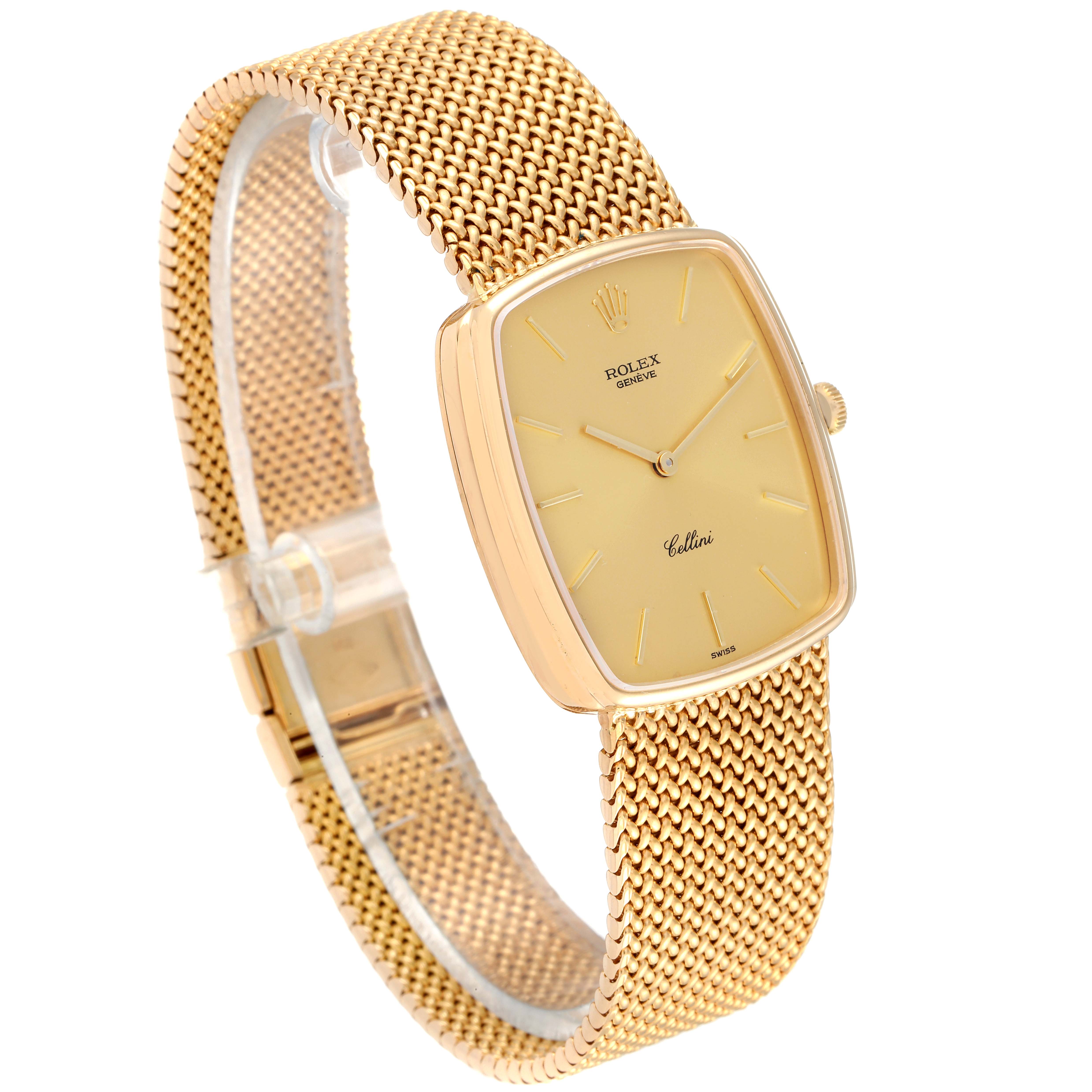 The image shows a side angle of the Rolex Cellini 4086 Men's Yellow Gold Champagne Dial 4086 Men's Yellow Gold Champagne Dial watch, highlighting its gold case, dial, meshed band, and crown.