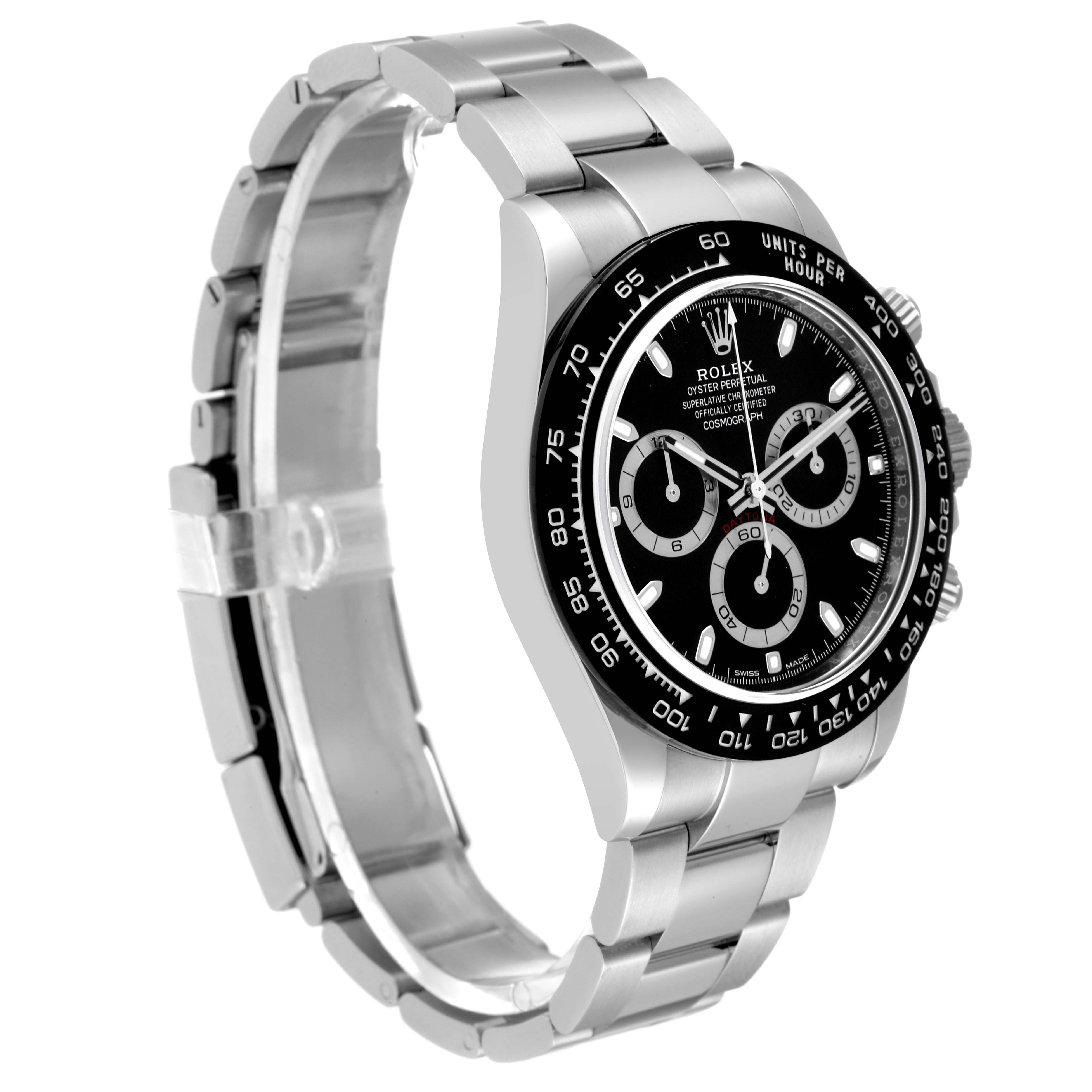 This image shows a side and front angle of the Rolex Daytona 116500 Men's Stainless Steel Black Dial 116500 Men's Stainless Steel Black Dial watch, highlighting the bracelet, case, and dial.