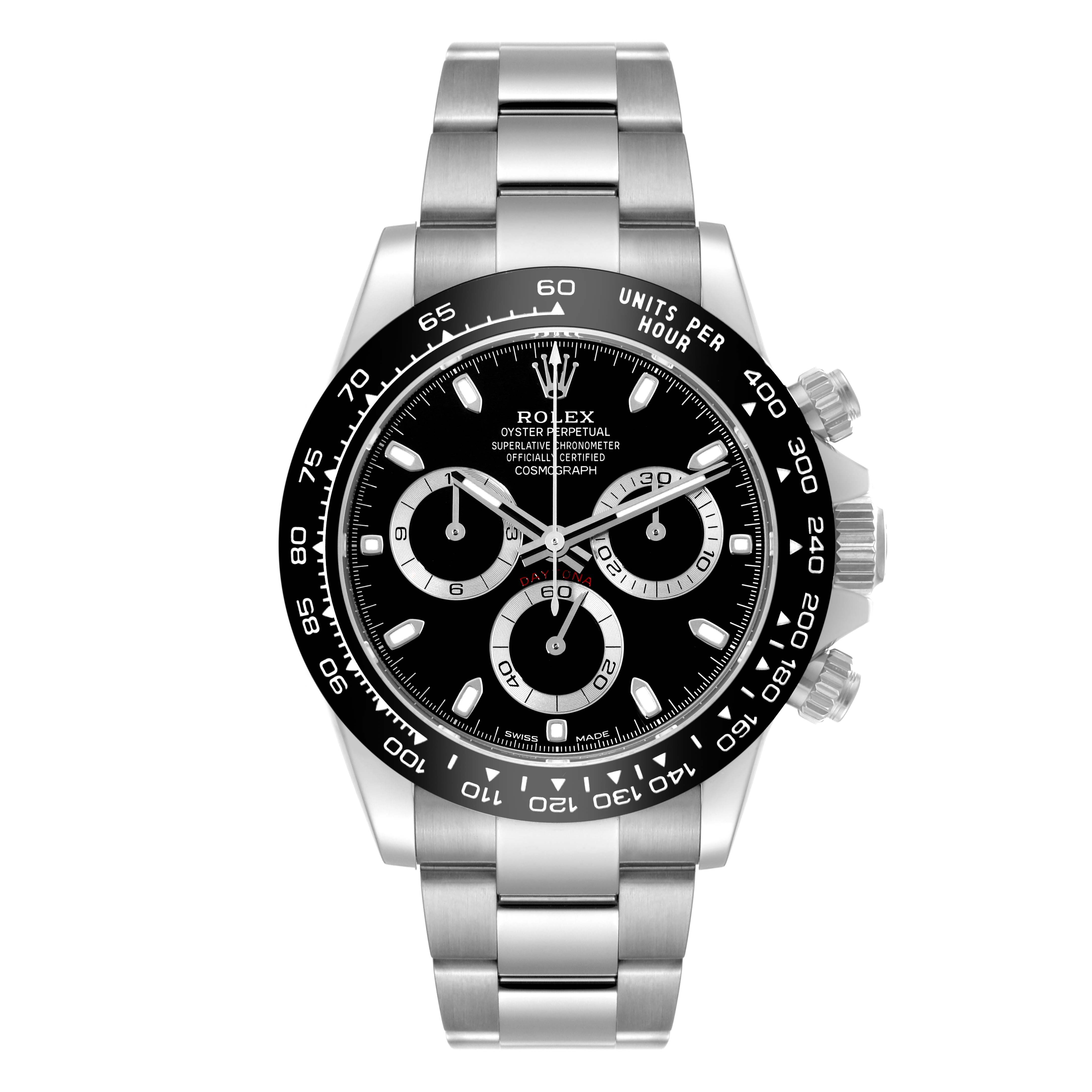 The image shows a frontal view of a Rolex Daytona 116500 Men's Stainless Steel Black Dial 116500 Men's Stainless Steel Black Dial watch, featuring its black dial, bezel, sub-dials, and silver bracelet.